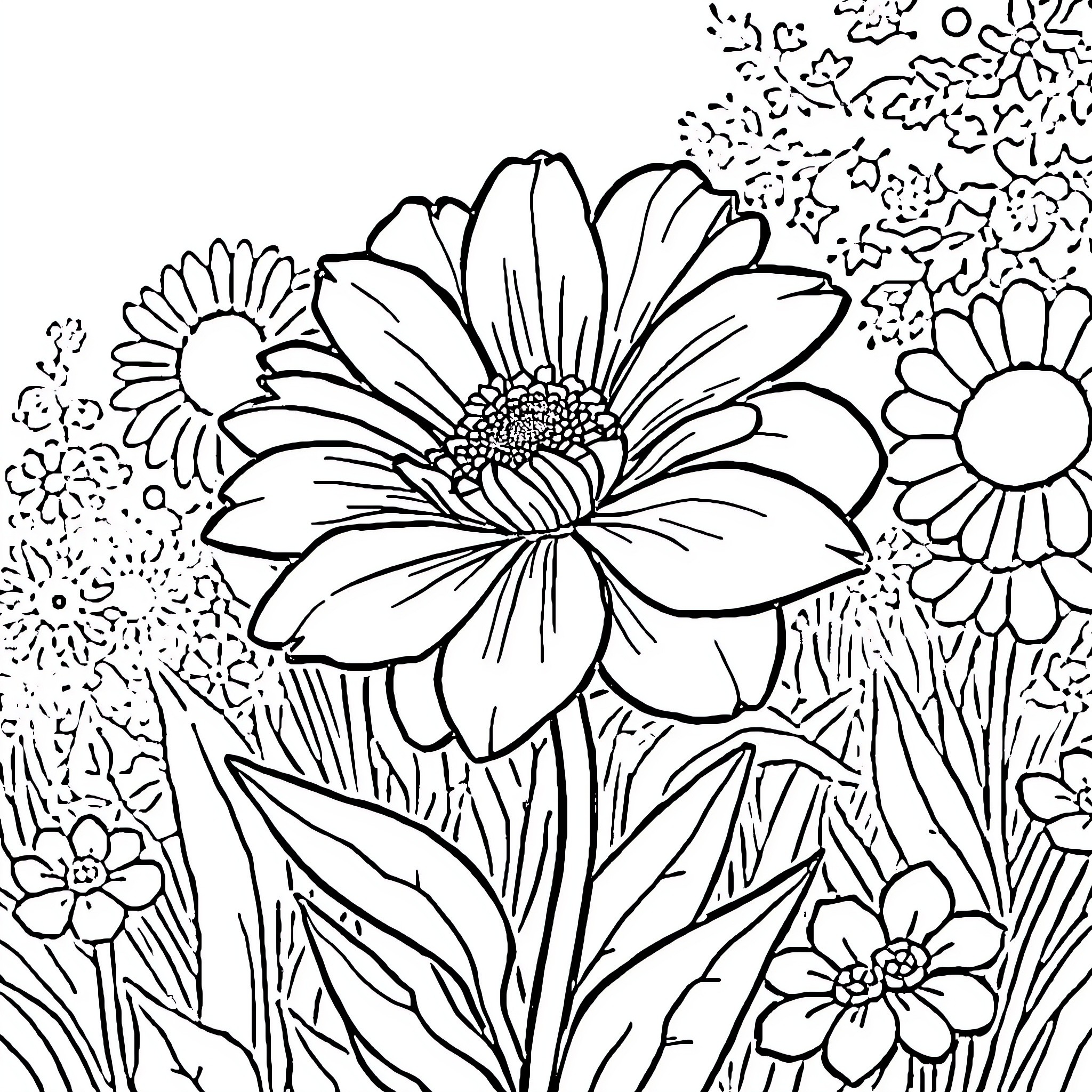 Flower Garden with Blooming Flowers Coloring Page (free black-and-white line drawing printable PDF for all, from beginners to advanced learners, including children, teens, adults, and seniors)
