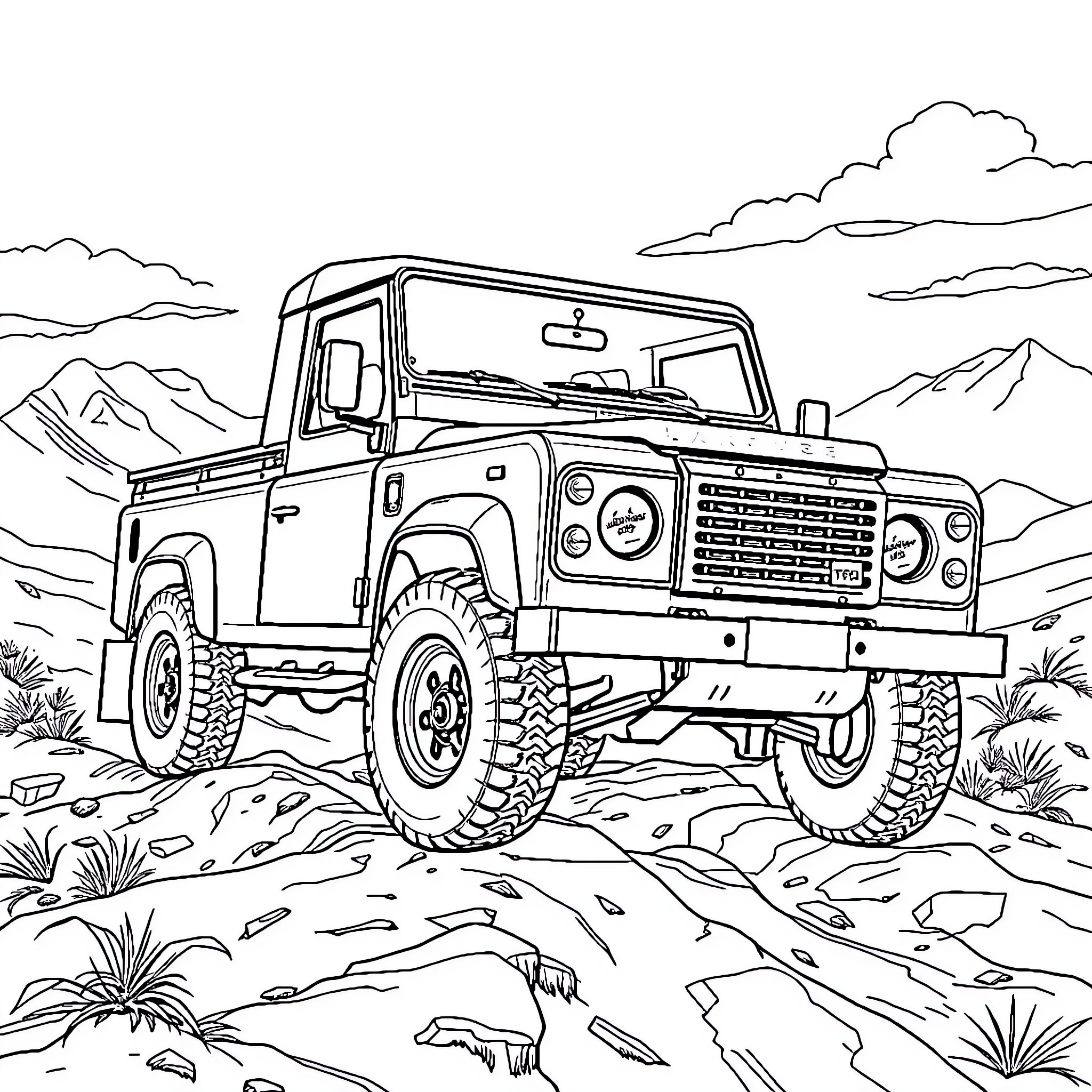 Defender off-road vehicle navigating rugged terrain Coloring Page (free black-and-white line drawing printable PDF for all, from beginners to advanced learners, including children, teens, adults, and seniors)