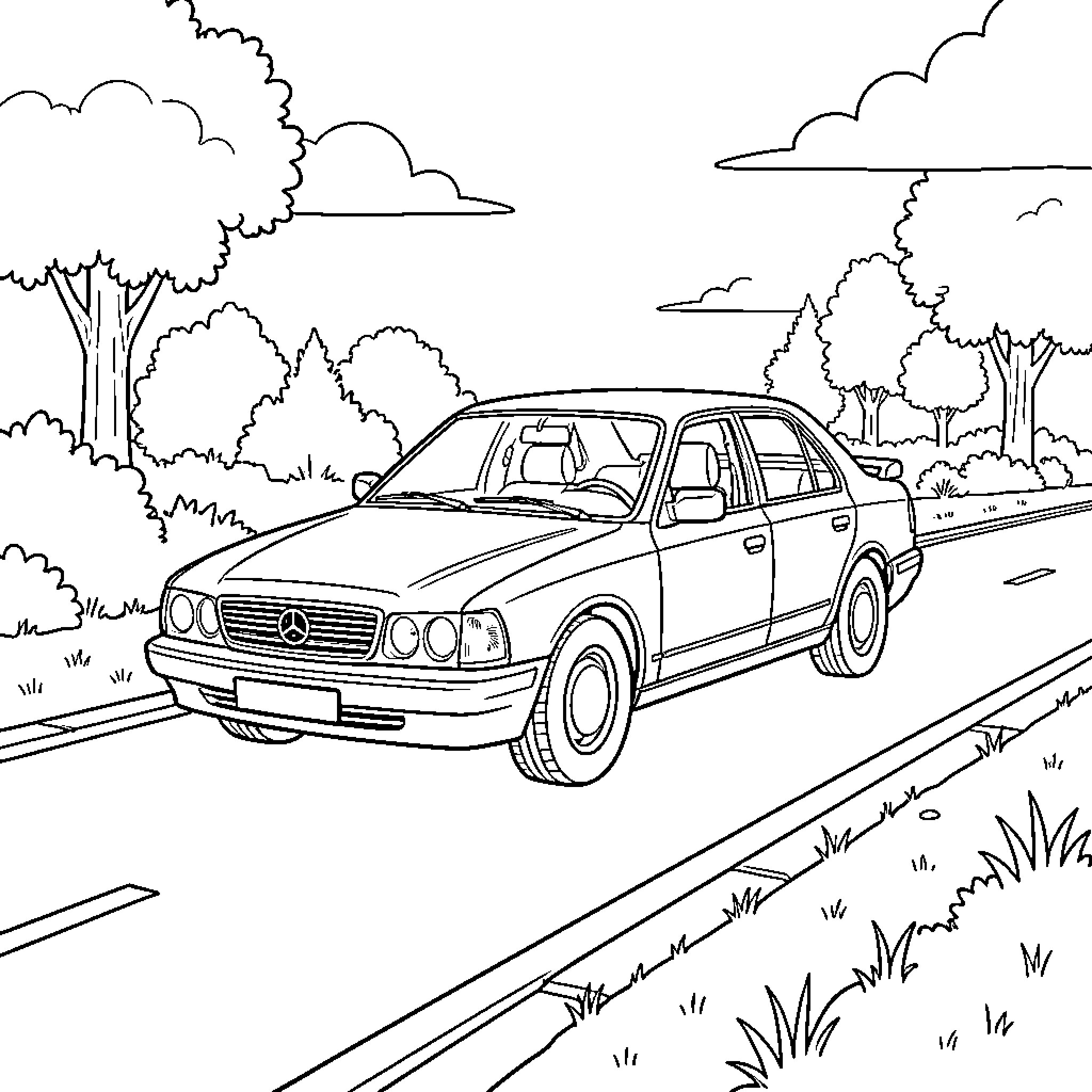 Car driving along a scenic road with trees Coloring Page (free black-and-white line drawing printable PDF for all, from beginners to advanced learners, including children, teens, adults, and seniors)