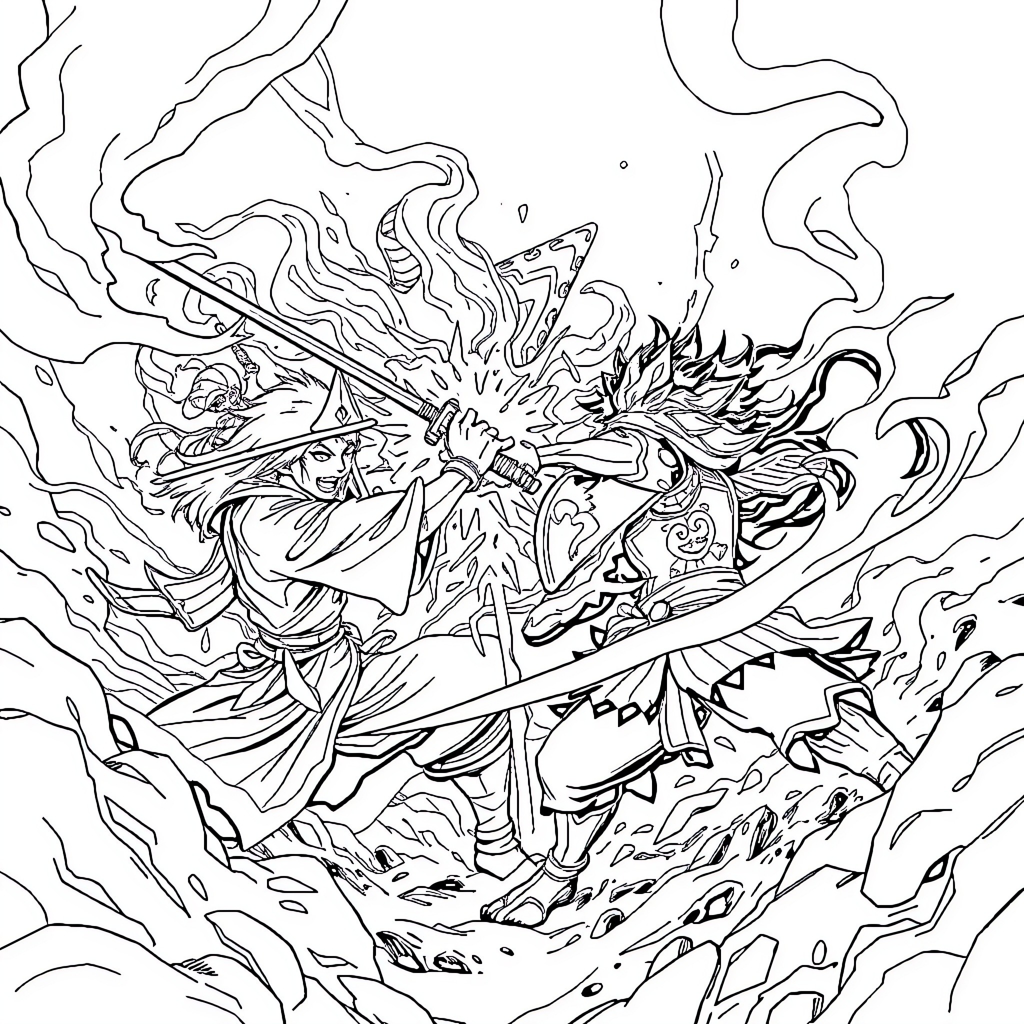 Tanjiro's Fiery Battle: Demon Slayer in Intense Combat Coloring Page (free black-and-white line drawing printable PDF for all, from beginners to advanced learners, including children, teens, adults, and seniors)