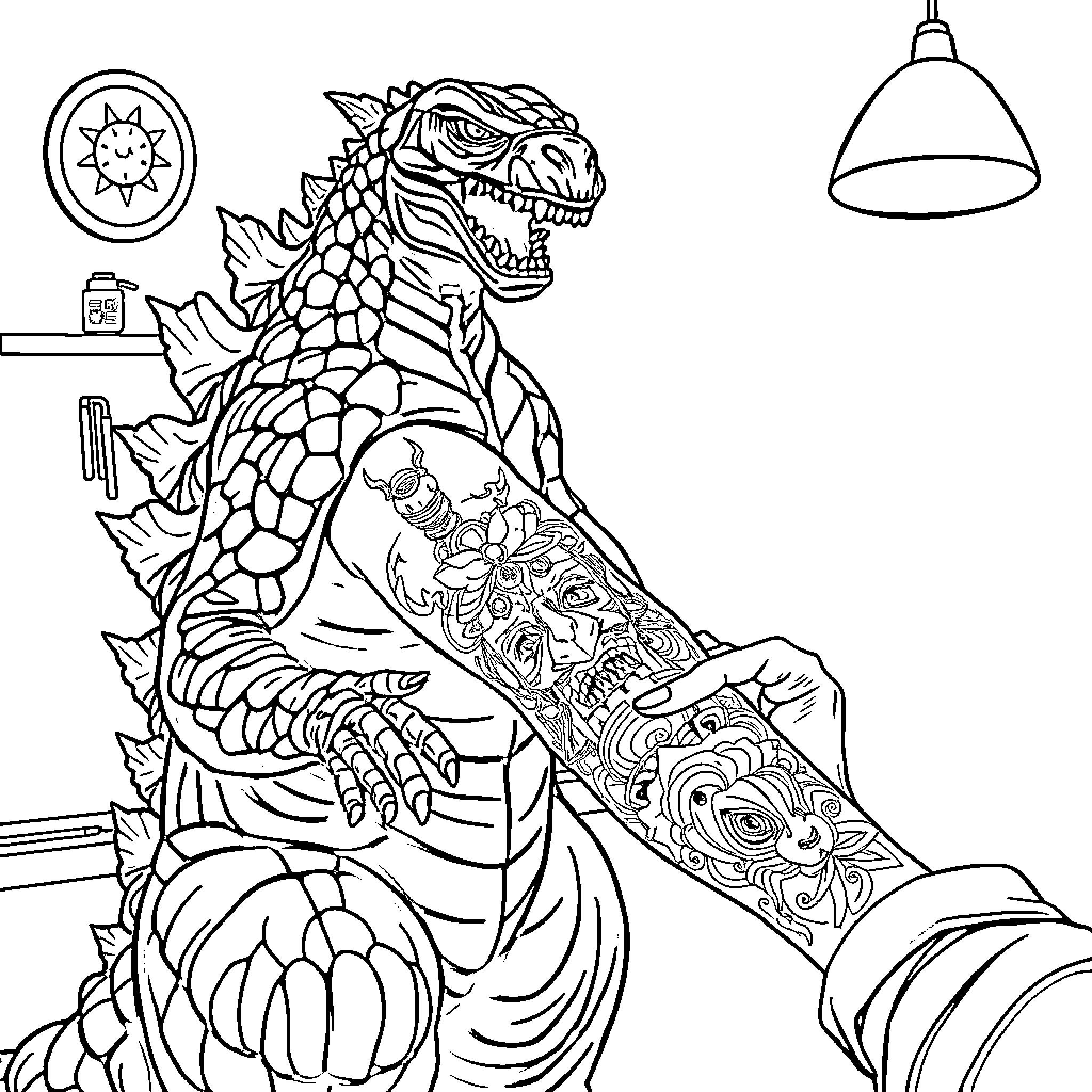 Godzilla roaring with intricate tattoos Coloring Page (free black-and-white line drawing printable PDF for all, from beginners to advanced learners, including children, teens, adults, and seniors)
