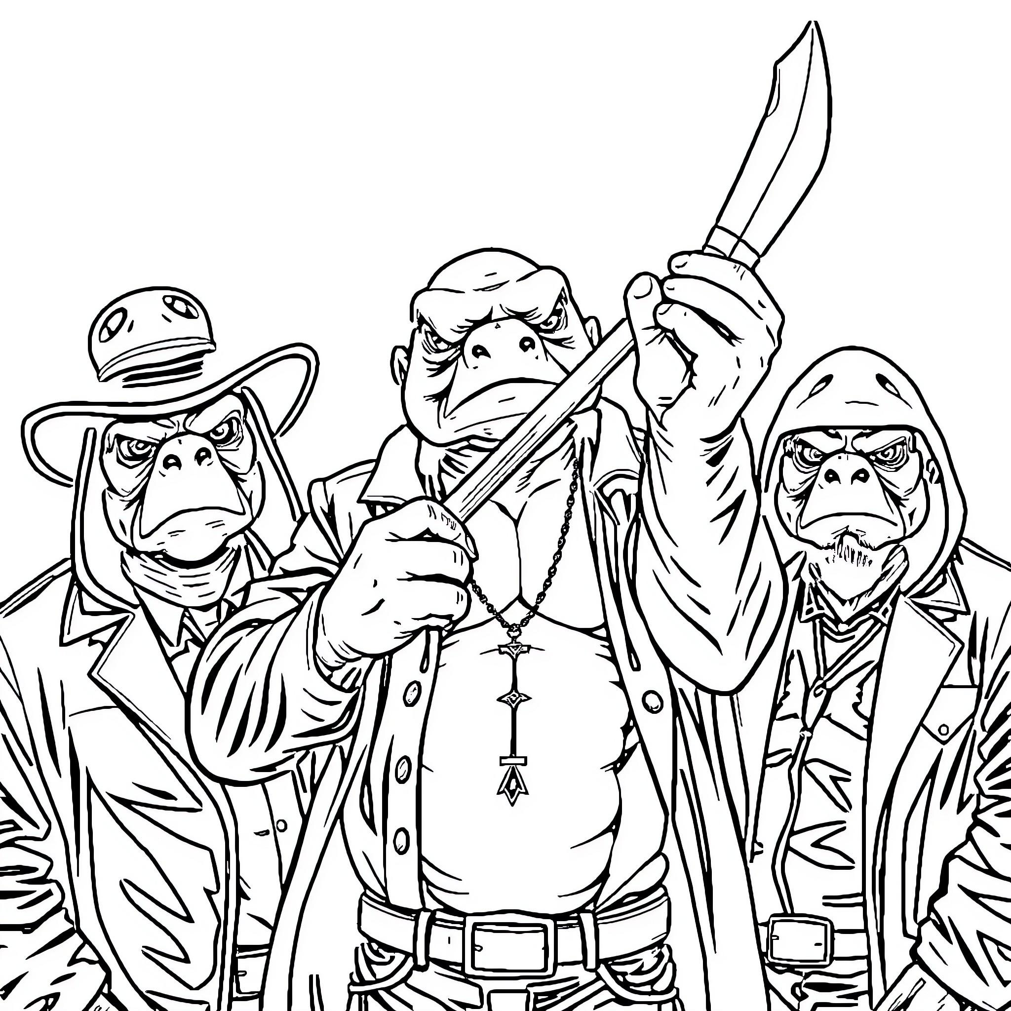 Seal Bandits Planning Mischievous Scheme Coloring Page (free black-and-white line drawing printable PDF for all, from beginners to advanced learners, including children, teens, adults, and seniors)