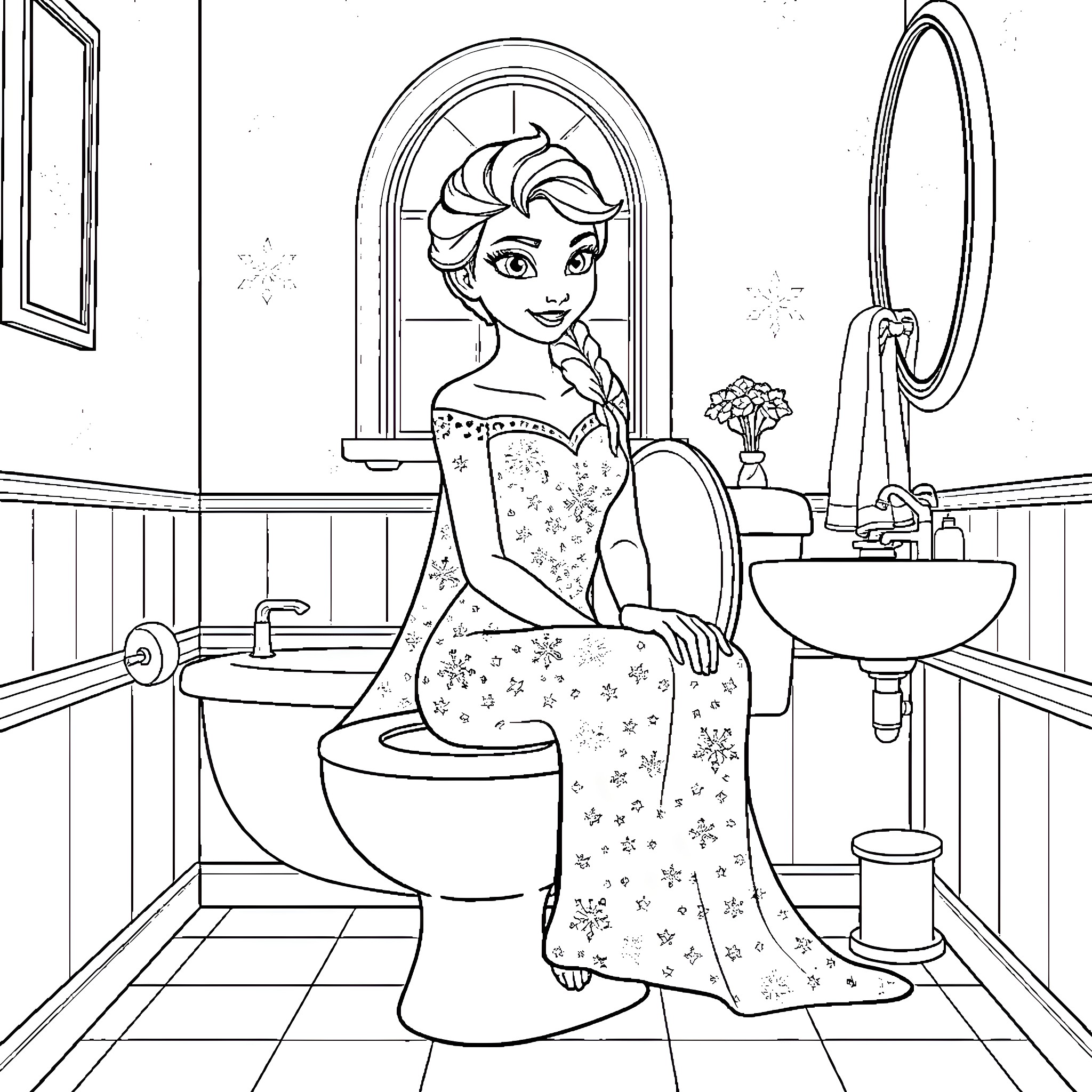Elsa enjoying a quiet moment in the bathroom Coloring Page (free black-and-white line drawing printable PDF for all, from beginners to advanced learners, including children, teens, adults, and seniors)