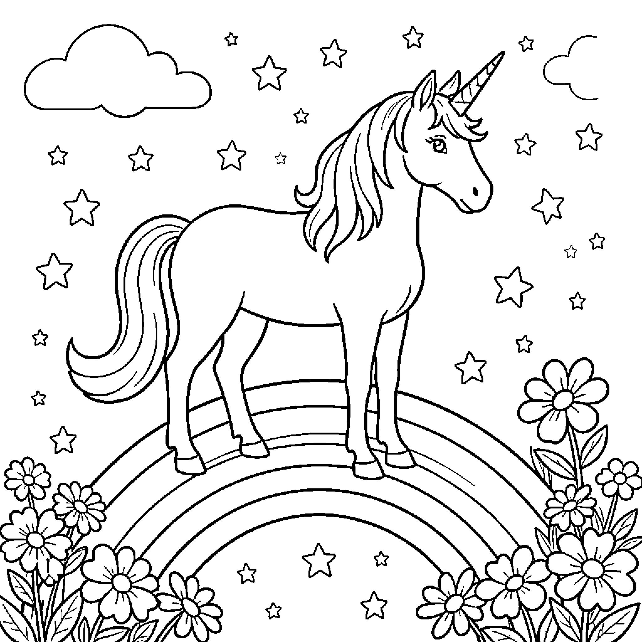 Unicorn standing majestically on a rainbow amidst stars Coloring Page (free black-and-white line drawing printable PDF for all, from beginners to advanced learners, including children, teens, adults, and seniors)