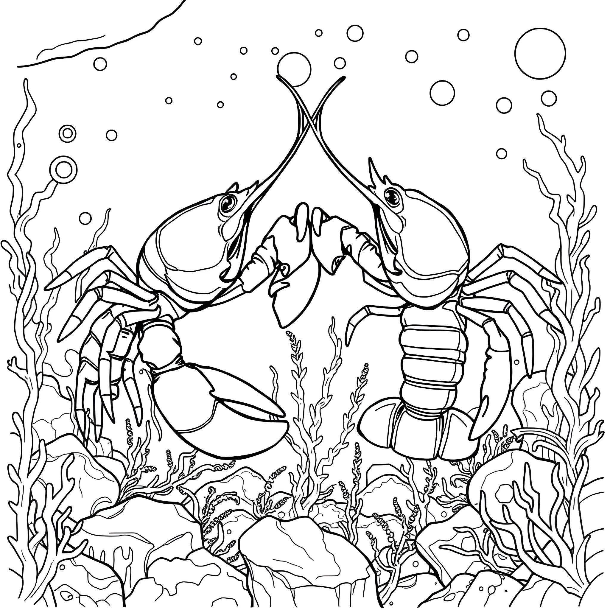 Lobster swimming happily in the underwater seascape Coloring Page (free black-and-white line drawing printable PDF for all, from beginners to advanced learners, including children, teens, adults, and seniors)