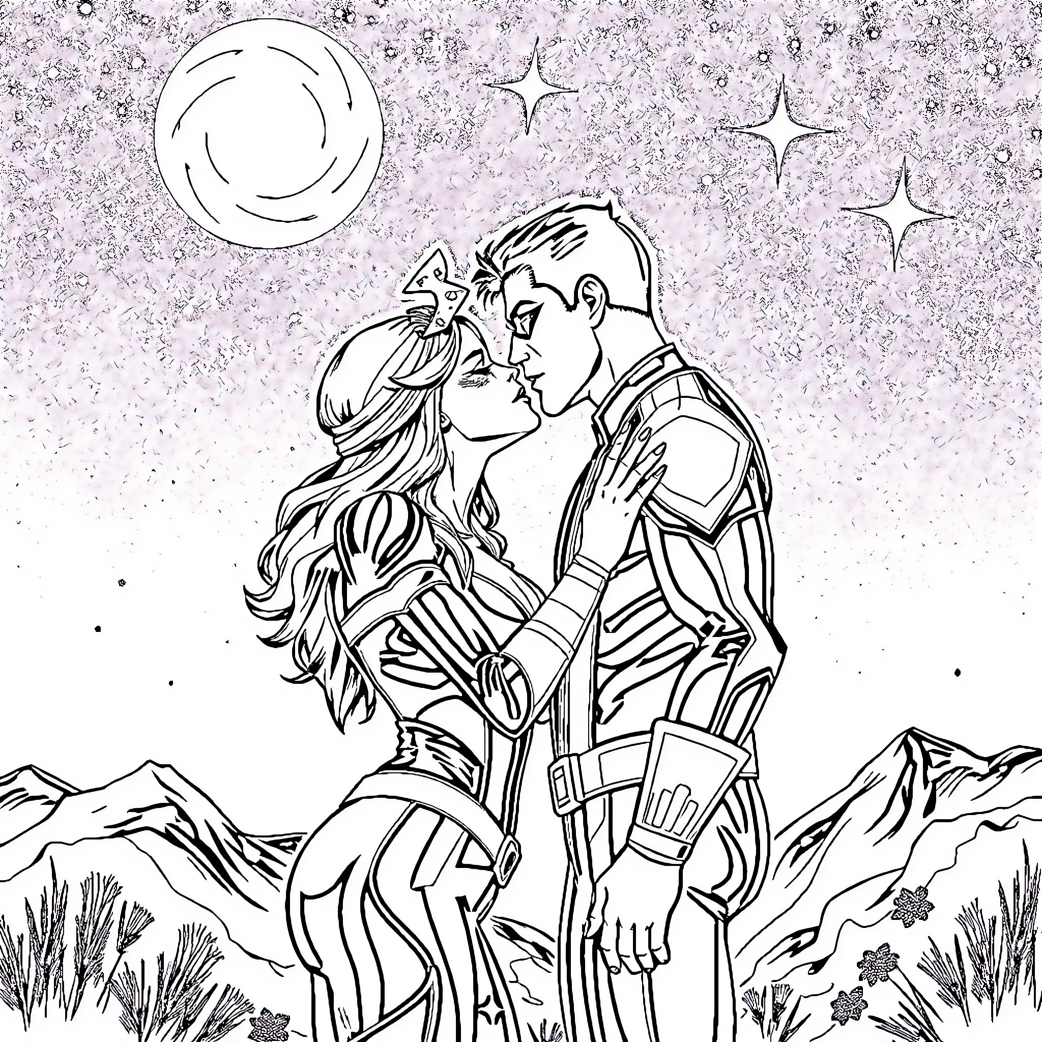 Wanda and Vision's Passionate Embrace Under the Starry Sky Coloring Page (free black-and-white line drawing printable PDF for all, from beginners to advanced learners, including children, teens, adults, and seniors)