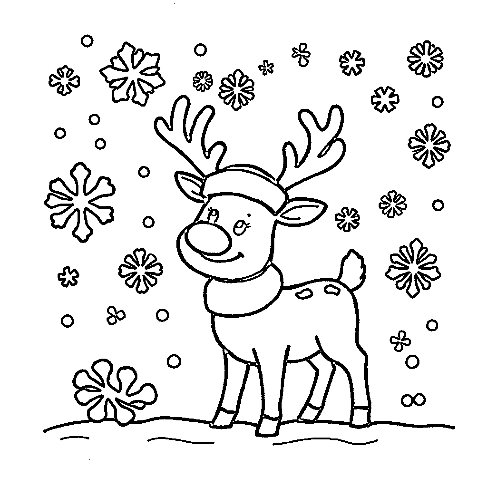 Post Office with Reindeer and Snowflakes Coloring Page (free black-and-white line drawing printable PDF for all, from beginners to advanced learners, including children, teens, adults, and seniors)