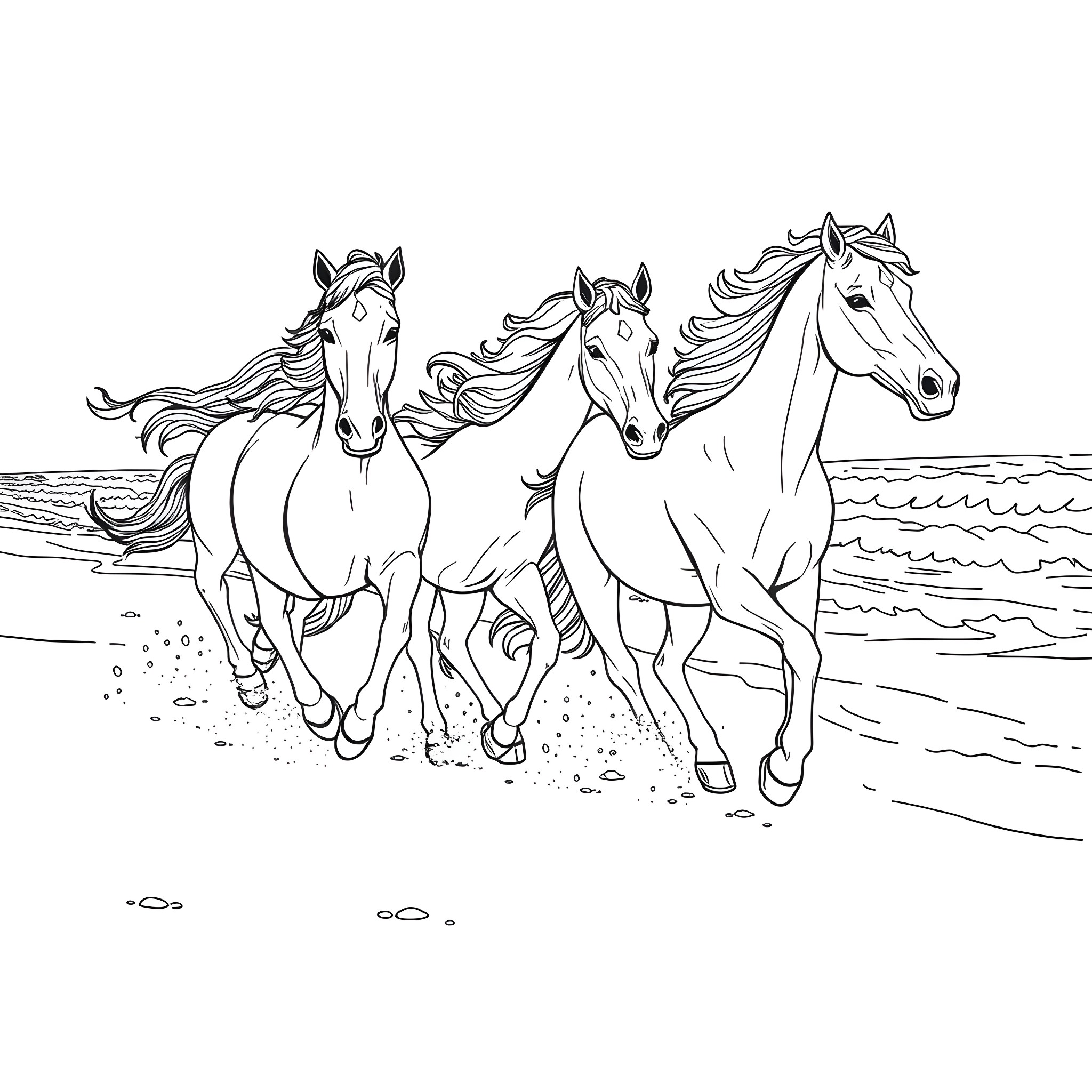 Horses galloping freely on the beach Coloring Page (free black-and-white line drawing printable PDF for all, from beginners to advanced learners, including children, teens, adults, and seniors)