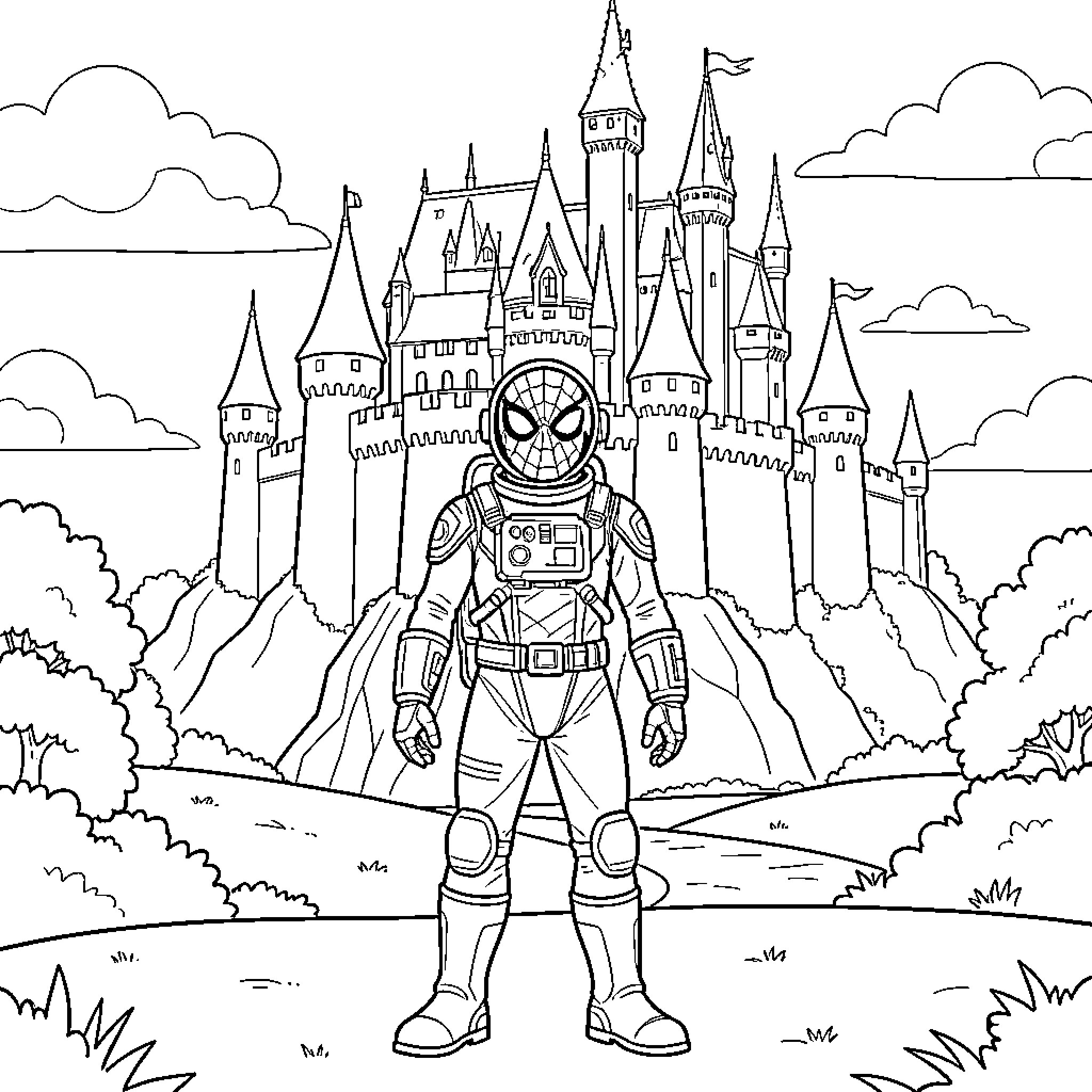 Spiderman in a space suit standing before a castle Coloring Page (free black-and-white line drawing printable PDF for all, from beginners to advanced learners, including children, teens, adults, and seniors)