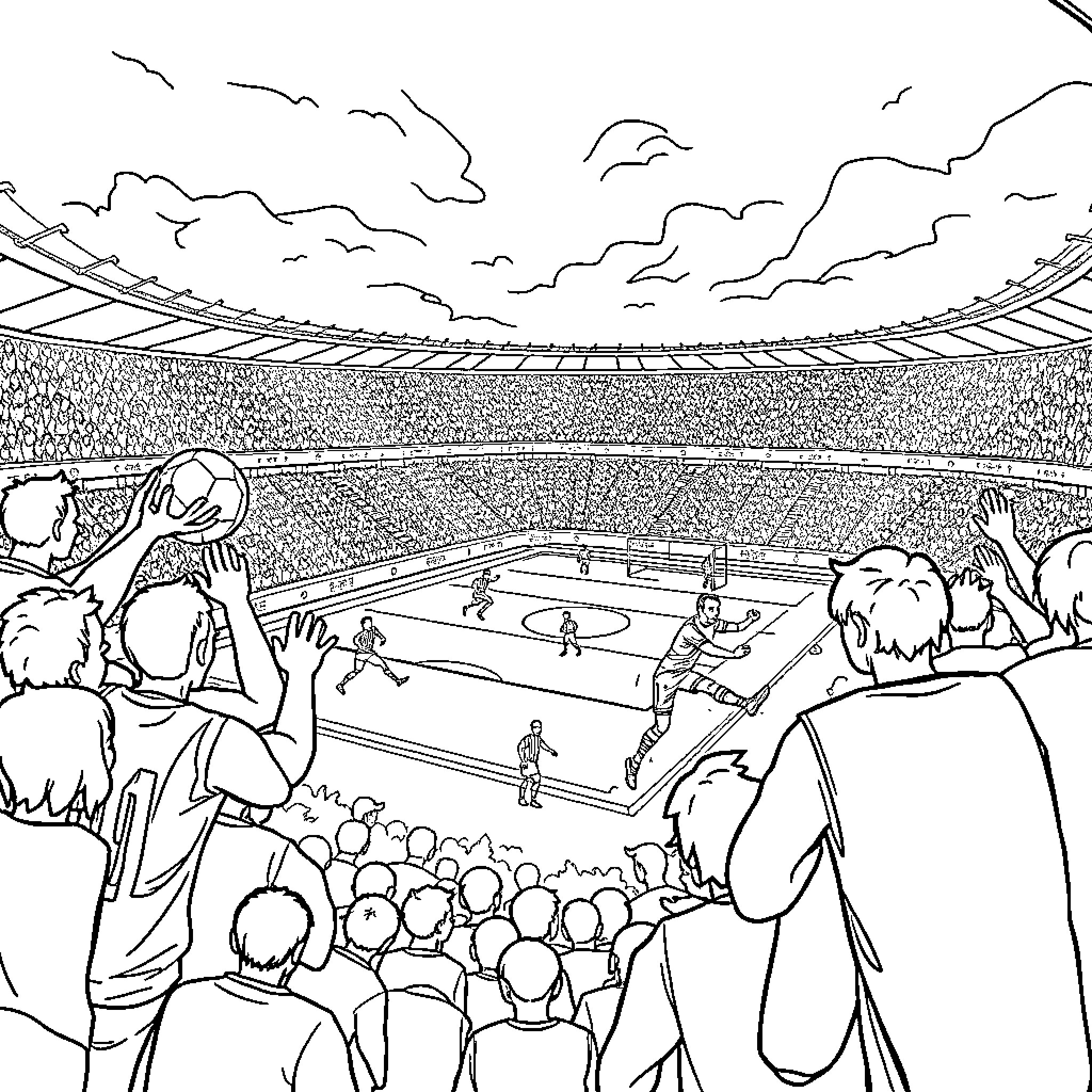Avengers Assemble in Epic Stadium Showdown Coloring Page (free black-and-white line drawing printable PDF for all, from beginners to advanced learners, including children, teens, adults, and seniors)