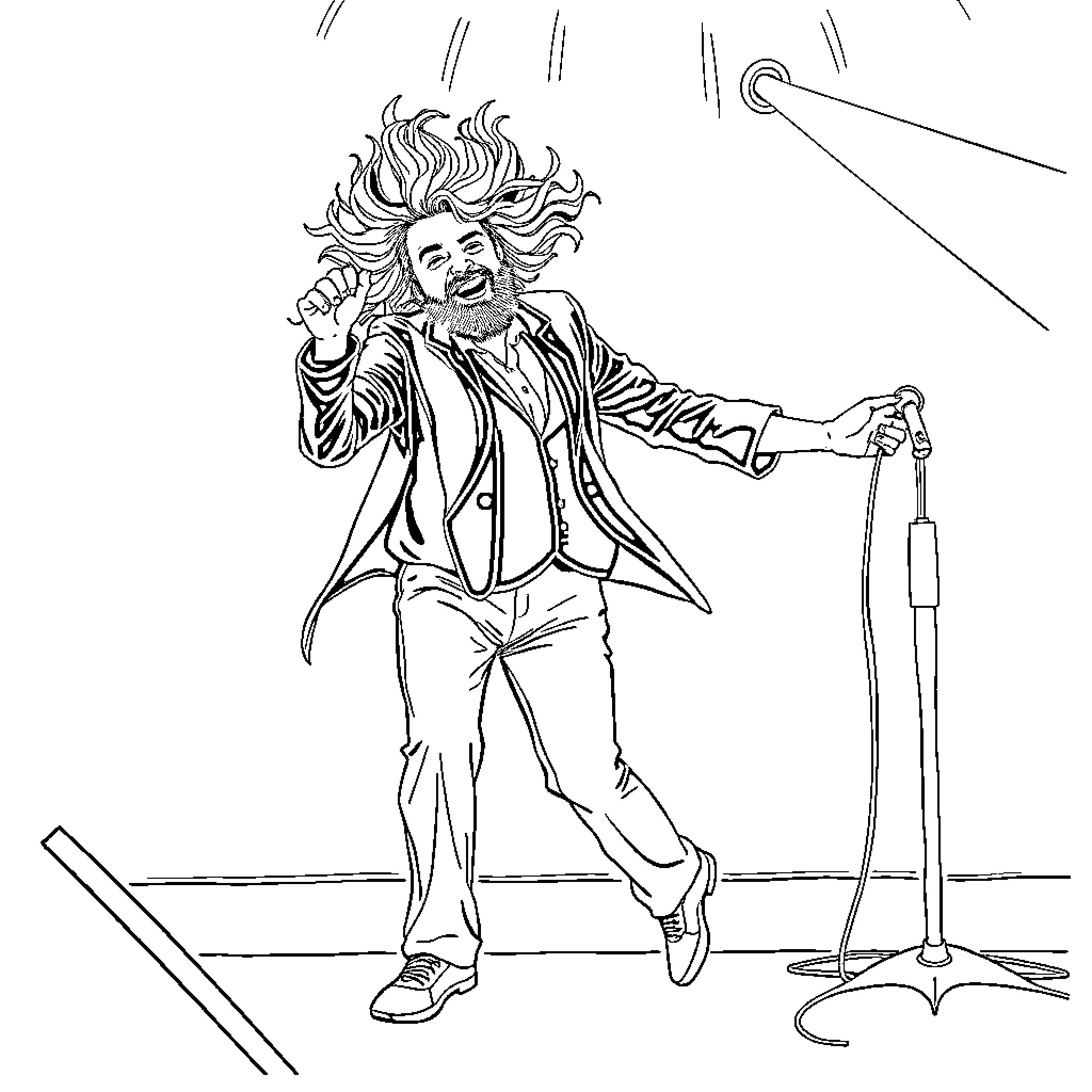 Father John Misty performing on stage with dynamic energy Coloring Page (free black-and-white line drawing printable PDF for all, from beginners to advanced learners, including children, teens, adults, and seniors)