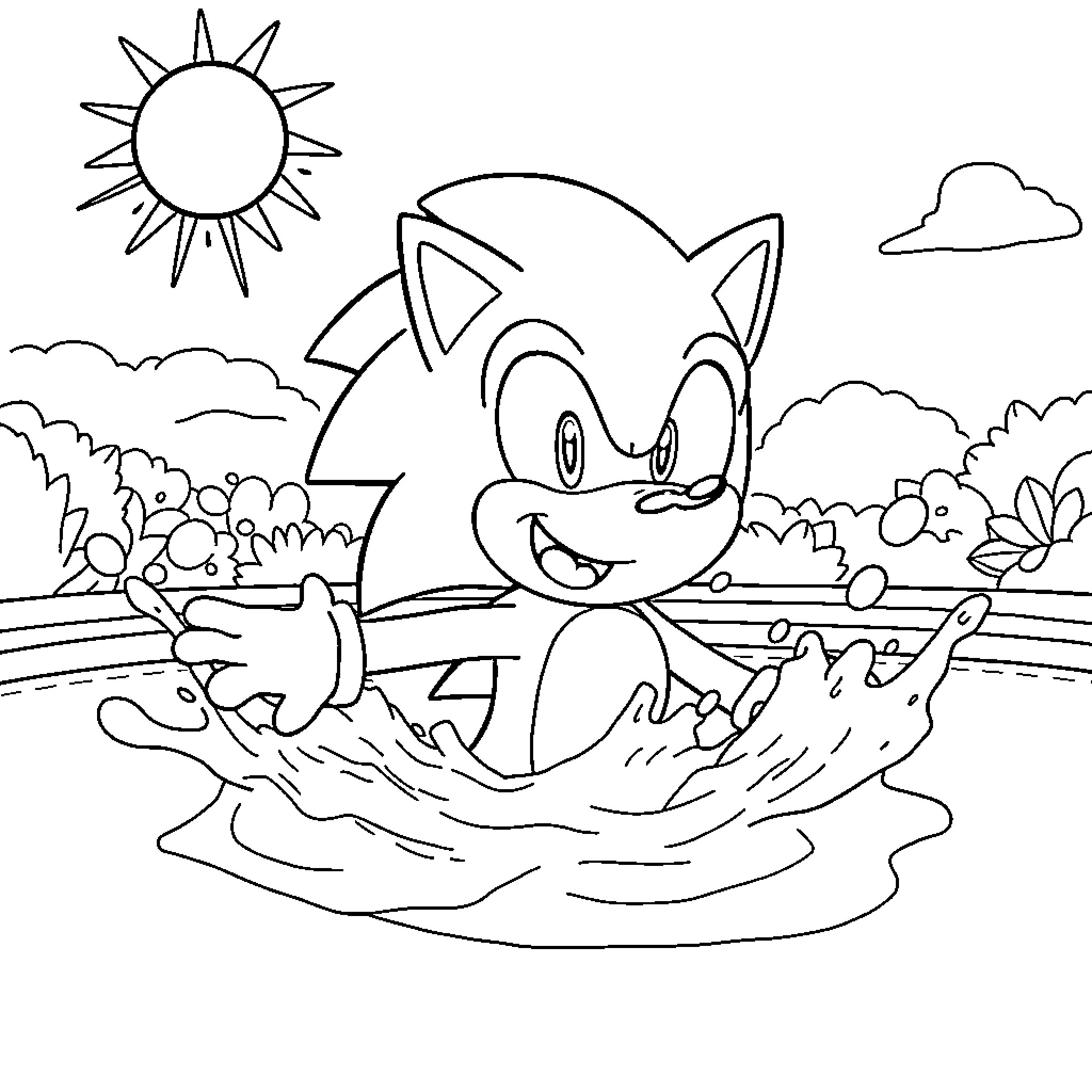Sonic enjoying a sunny day by the water Coloring Page (free black-and-white line drawing printable PDF for all, from beginners to advanced learners, including children, teens, adults, and seniors)