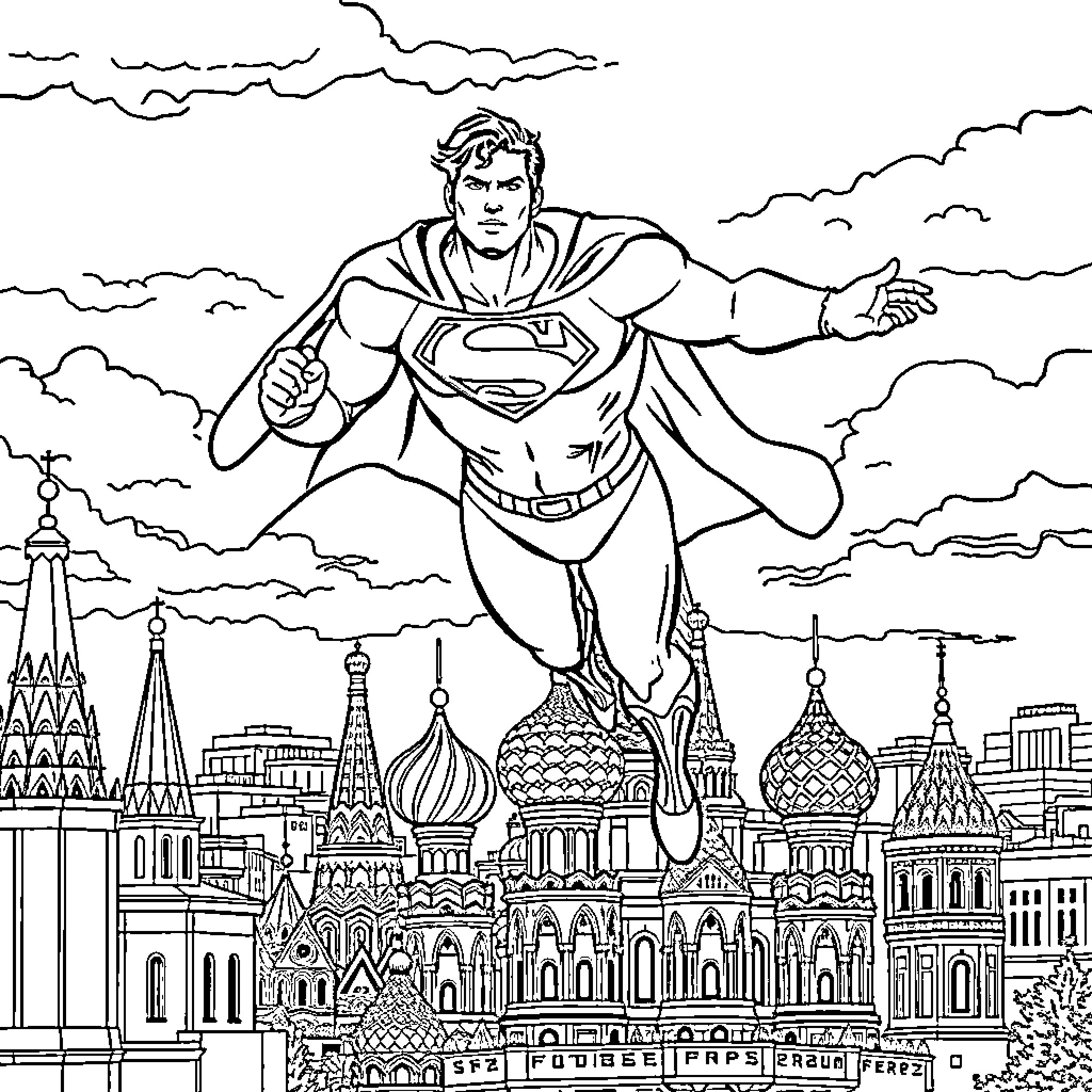 Superman soaring over the city skyline Coloring Page (free black-and-white line drawing printable PDF for all, from beginners to advanced learners, including children, teens, adults, and seniors)