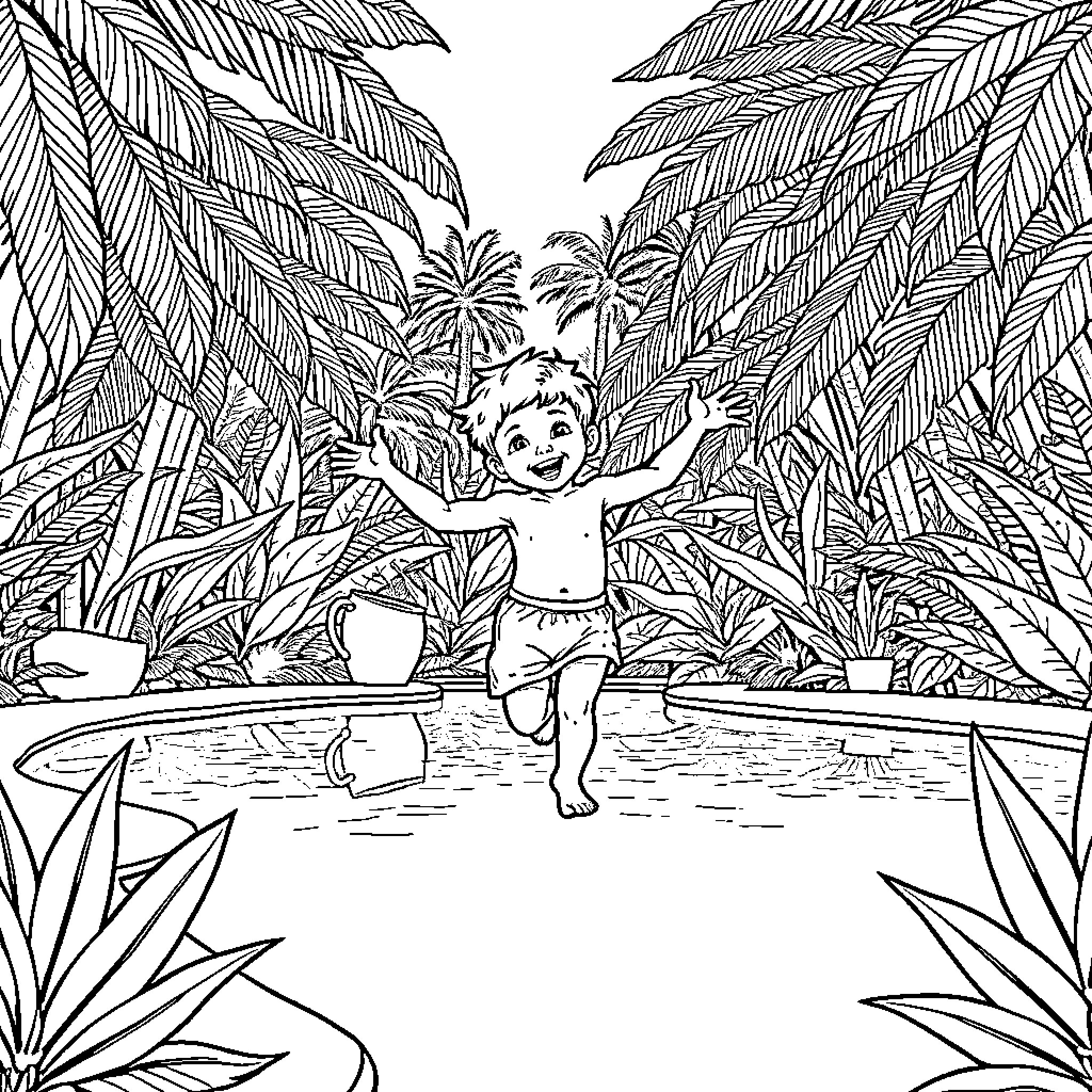 Enfant Enjoying the Tropical Paradise Coloring Page (free black-and-white line drawing printable PDF for all, from beginners to advanced learners, including children, teens, adults, and seniors)