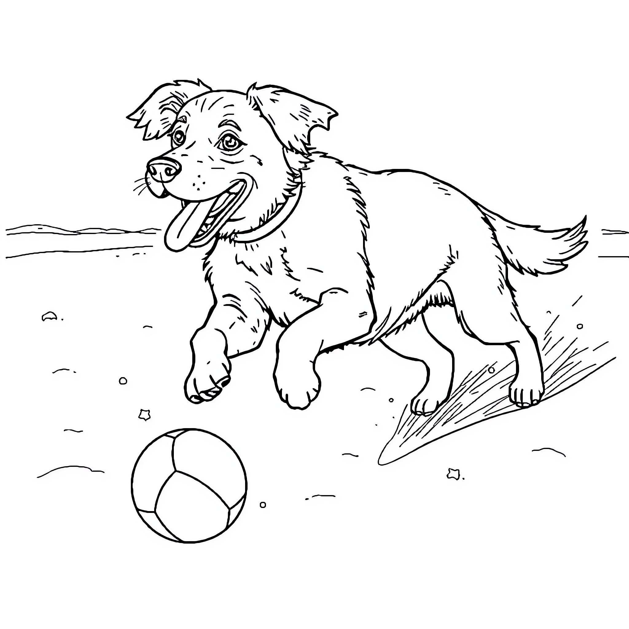 Dog playing happily with a ball Coloring Page (free black-and-white line drawing printable PDF for all, from beginners to advanced learners, including children, teens, adults, and seniors)