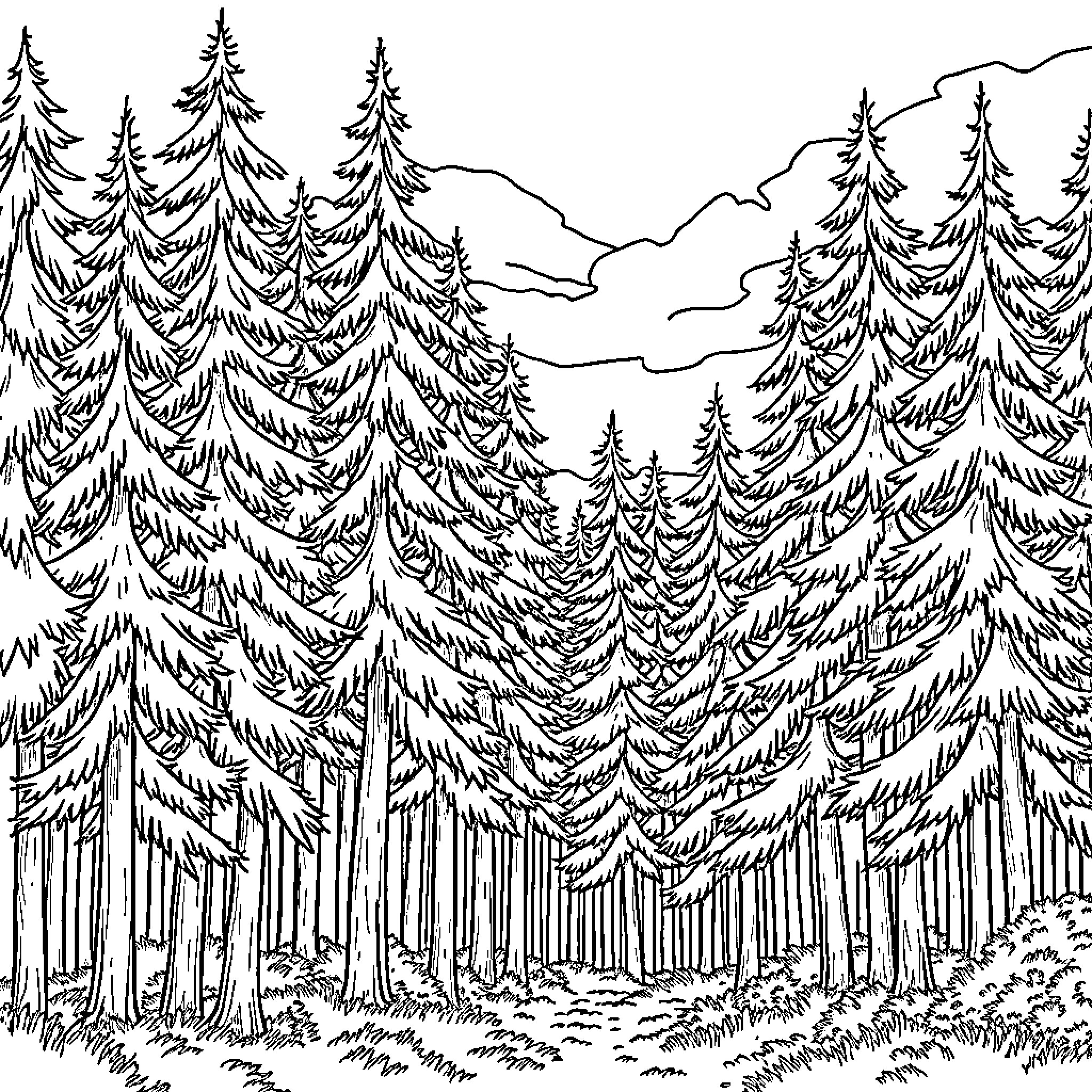 Pine Tree Forest with Mountainous Landscape Coloring Page (free black-and-white line drawing printable PDF for all, from beginners to advanced learners, including children, teens, adults, and seniors)