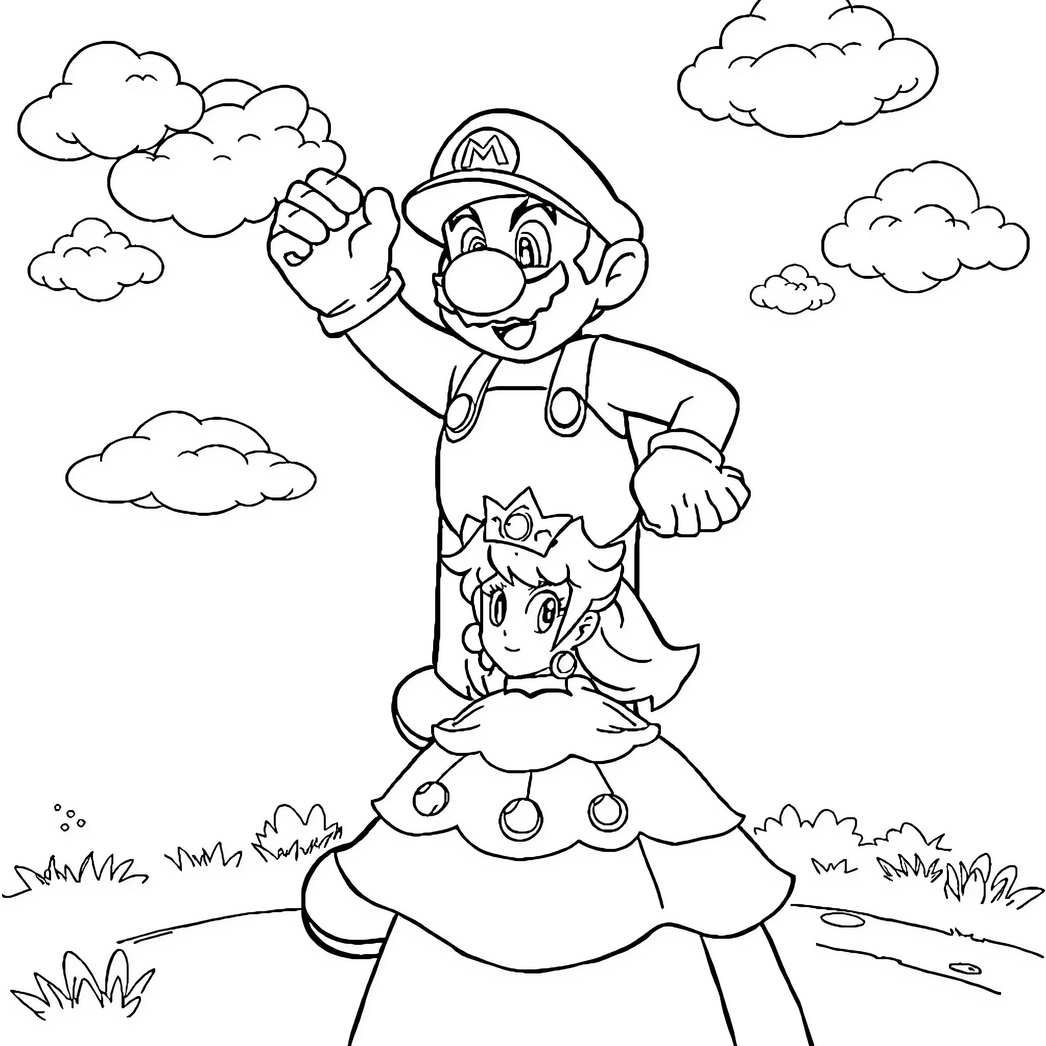 Mario's Heroic Rescue of the Princess Coloring Page (free black-and-white line drawing printable PDF for all, from beginners to advanced learners, including children, teens, adults, and seniors)