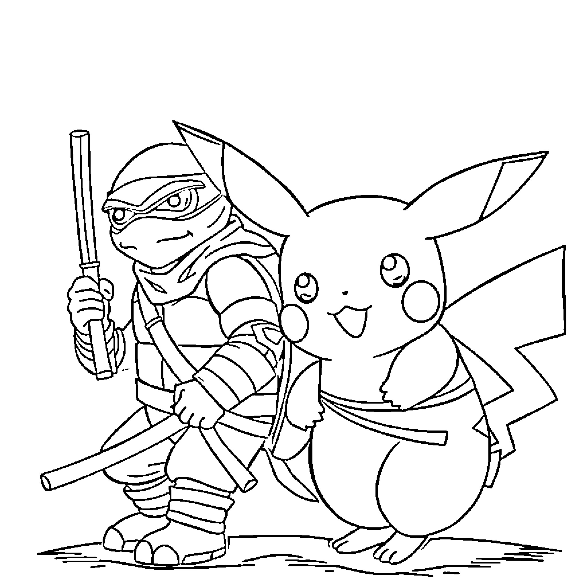 Pikachu and ninja warrior in battle Coloring Page (free black-and-white line drawing printable PDF for all, from beginners to advanced learners, including children, teens, adults, and seniors)