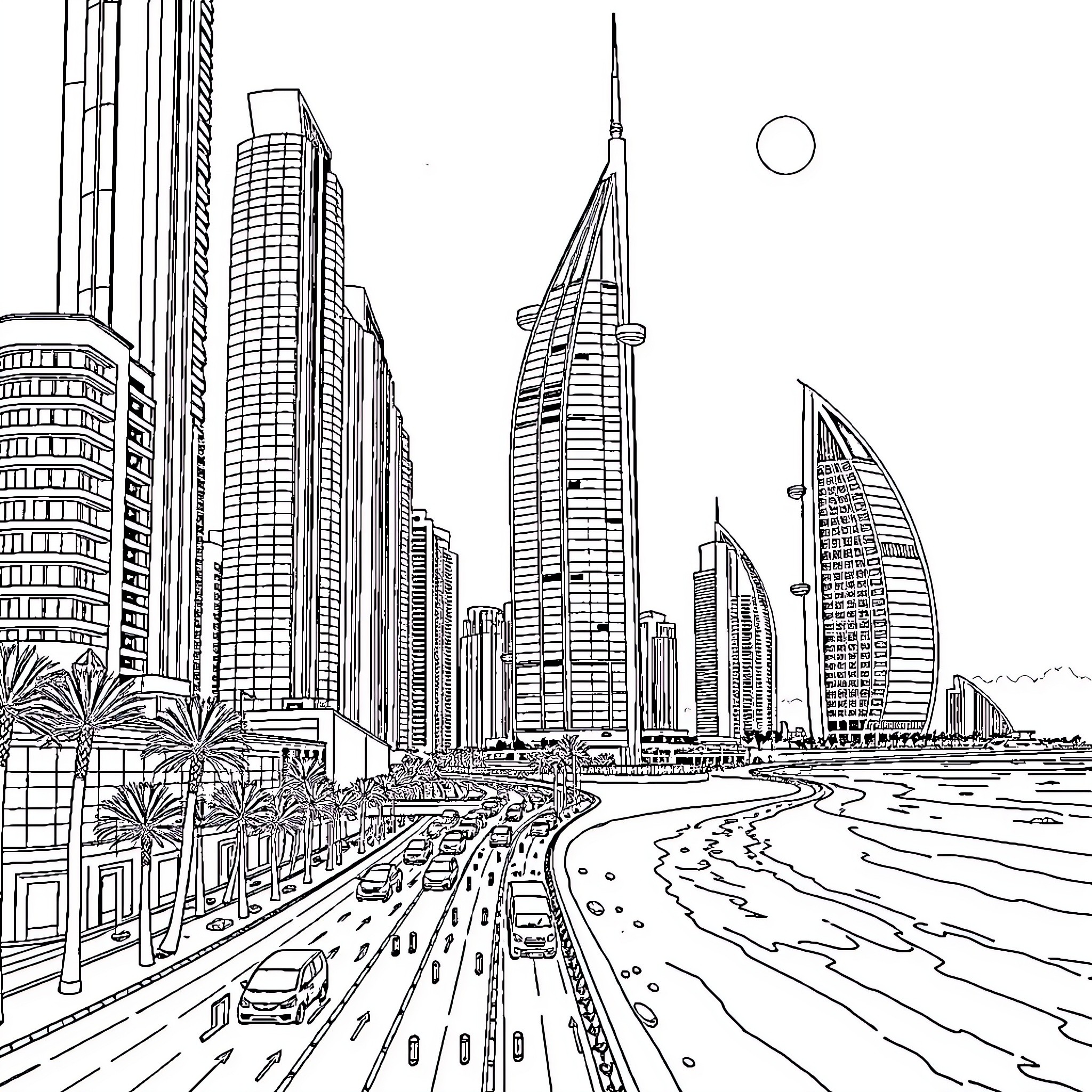 Dubai's Iconic Skyline with Modern Architecture Coloring Page (free black-and-white line drawing printable PDF for all, from beginners to advanced learners, including children, teens, adults, and seniors)