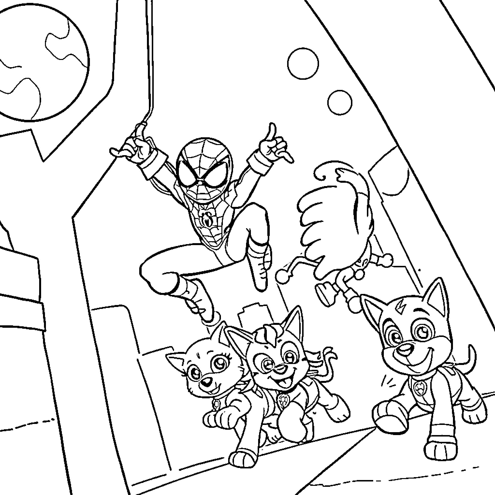 Spiderman swings through the city with puppies Coloring Page (free black-and-white line drawing printable PDF for all, from beginners to advanced learners, including children, teens, adults, and seniors)