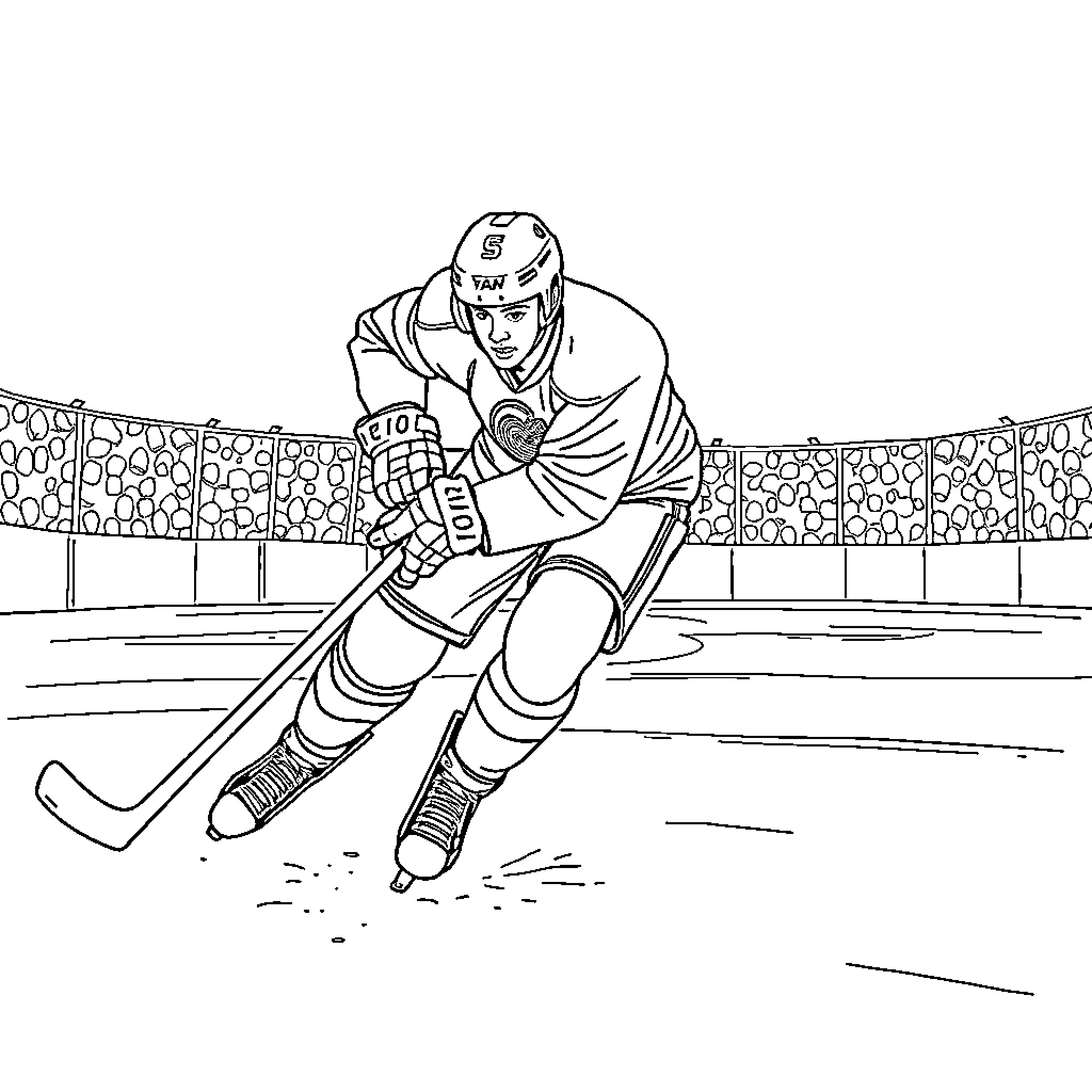 Hockey Player Skating Aggressively on the Ice Rink Coloring Page (free black-and-white line drawing printable PDF for all, from beginners to advanced learners, including children, teens, adults, and seniors)