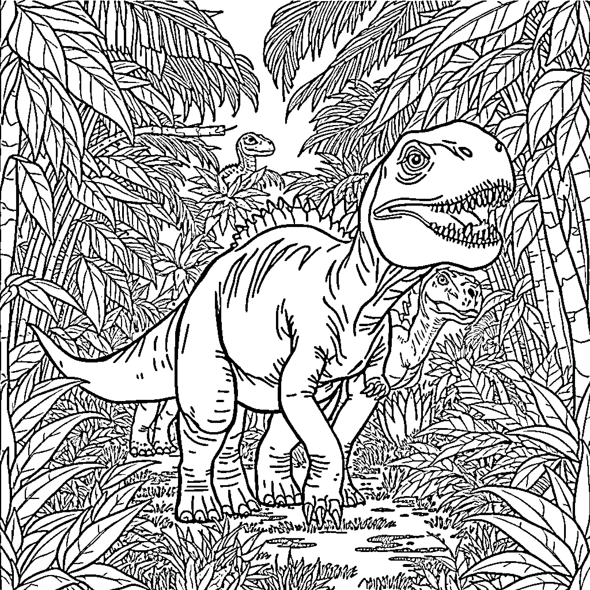 Dinosaurs roaming in a lush jungle Coloring Page (free black-and-white line drawing printable PDF for all, from beginners to advanced learners, including children, teens, adults, and seniors)