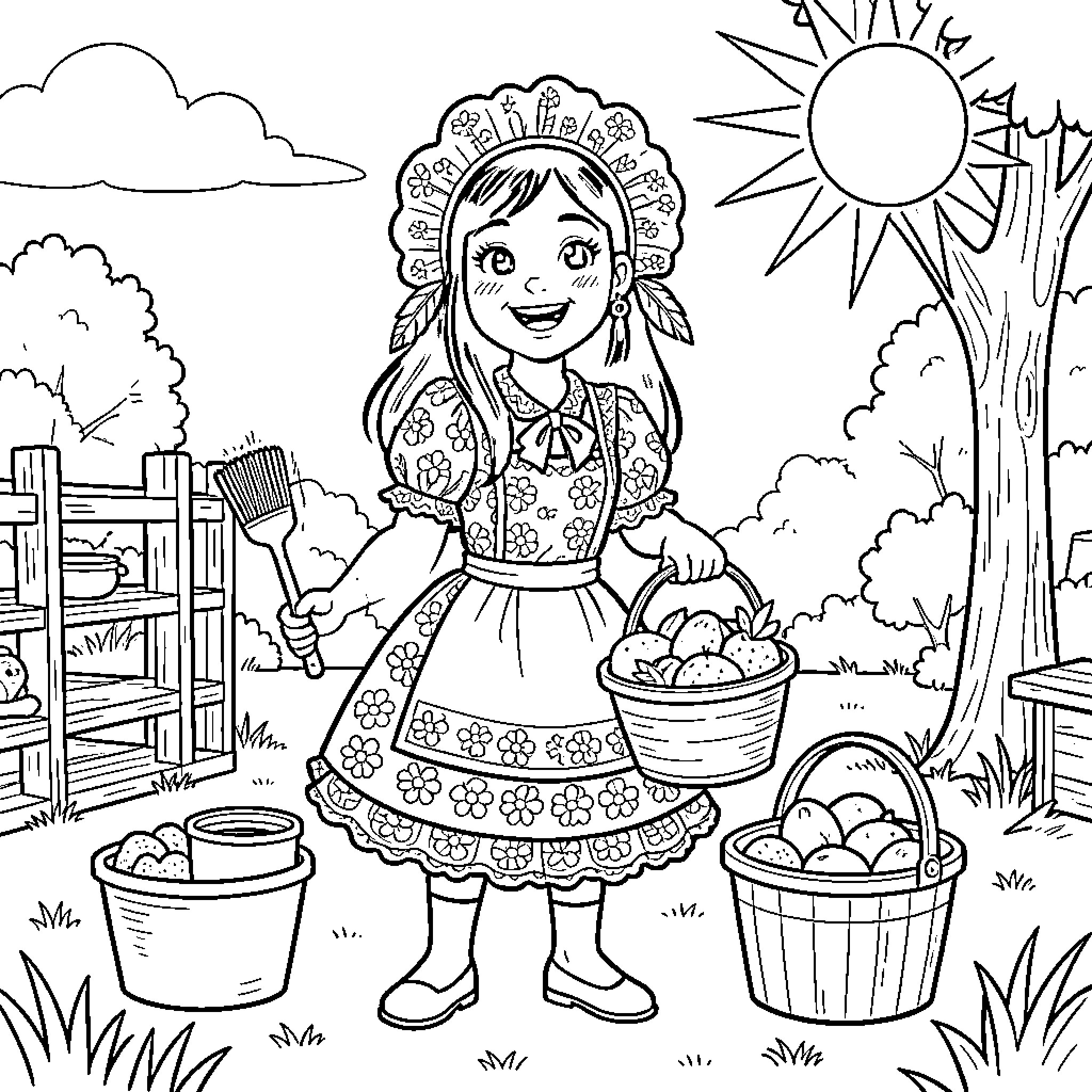 Native American Girl Joyfully Picking Apples Coloring Page (free black-and-white line drawing printable PDF for all, from beginners to advanced learners, including children, teens, adults, and seniors)