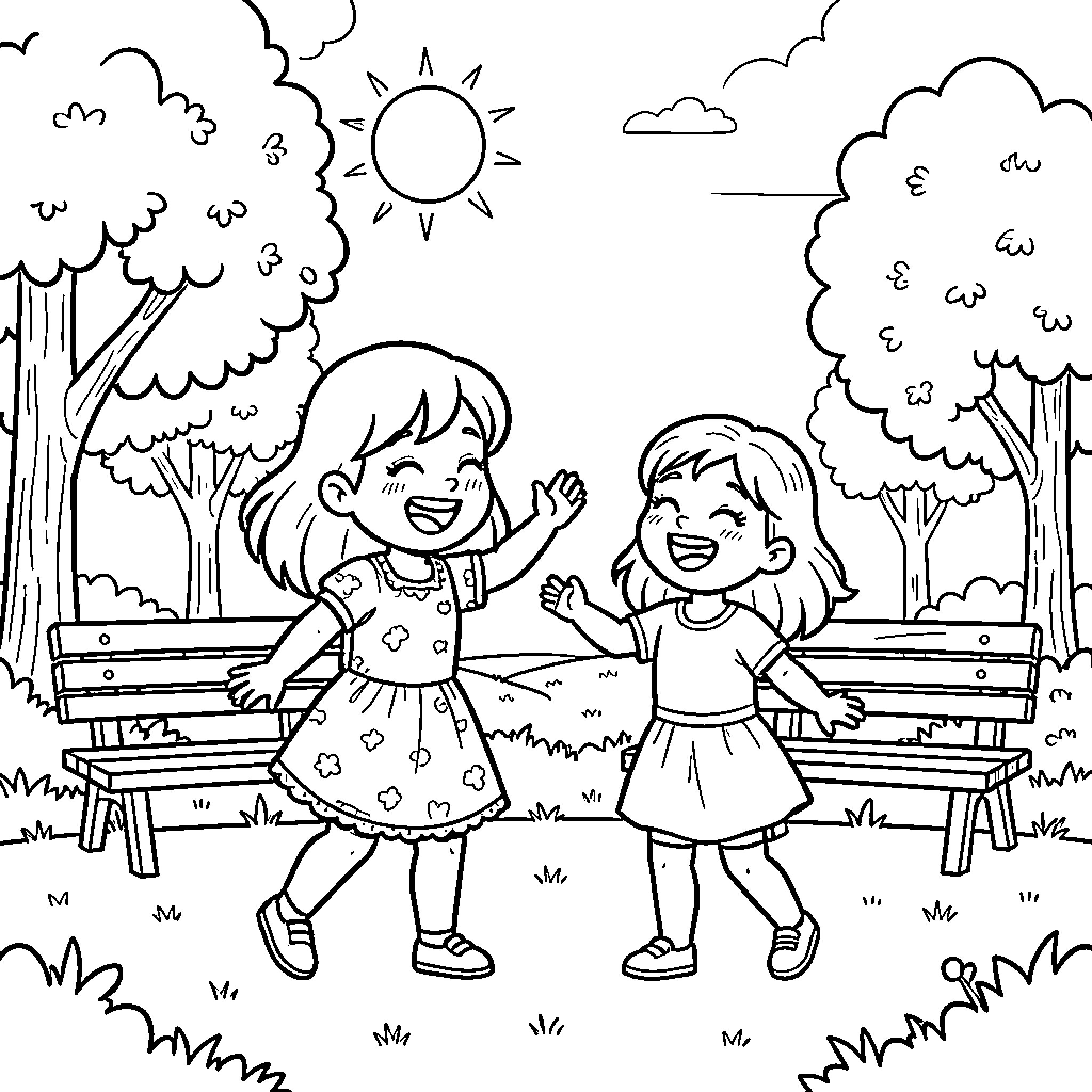 Sister's Joyful Playtime in the Park Coloring Page (free black-and-white line drawing printable PDF for all, from beginners to advanced learners, including children, teens, adults, and seniors)