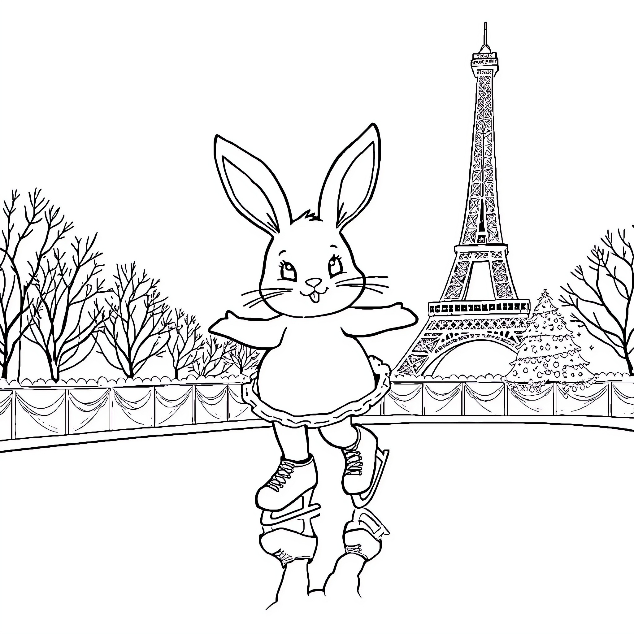 Bunny ice skating in front of the Eiffel Tower Coloring Page (free black-and-white line drawing printable PDF for all, from beginners to advanced learners, including children, teens, adults, and seniors)