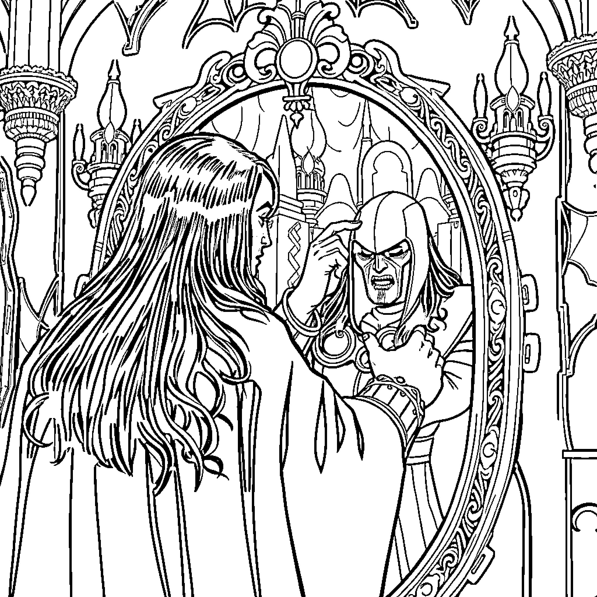 Dr. Doom confronting a mysterious woman in an ornate setting Coloring Page (free black-and-white line drawing printable PDF for all, from beginners to advanced learners, including children, teens, adults, and seniors)