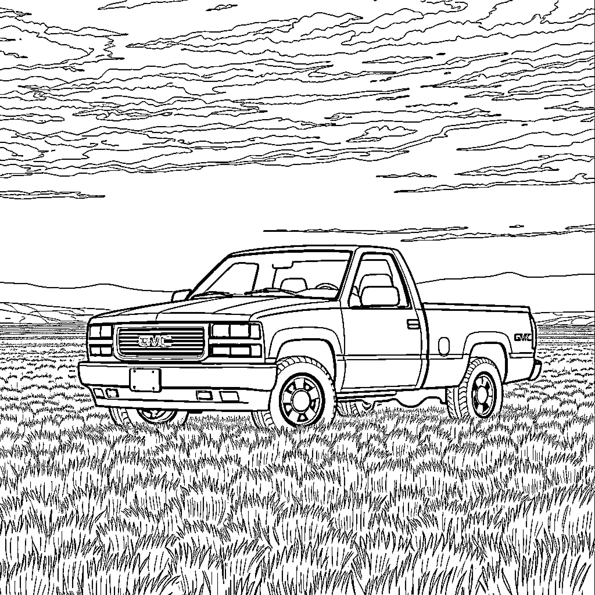 GMC Sierra Truck in a Grassy Countryside Coloring Page (free black-and-white line drawing printable PDF for all, from beginners to advanced learners, including children, teens, adults, and seniors)