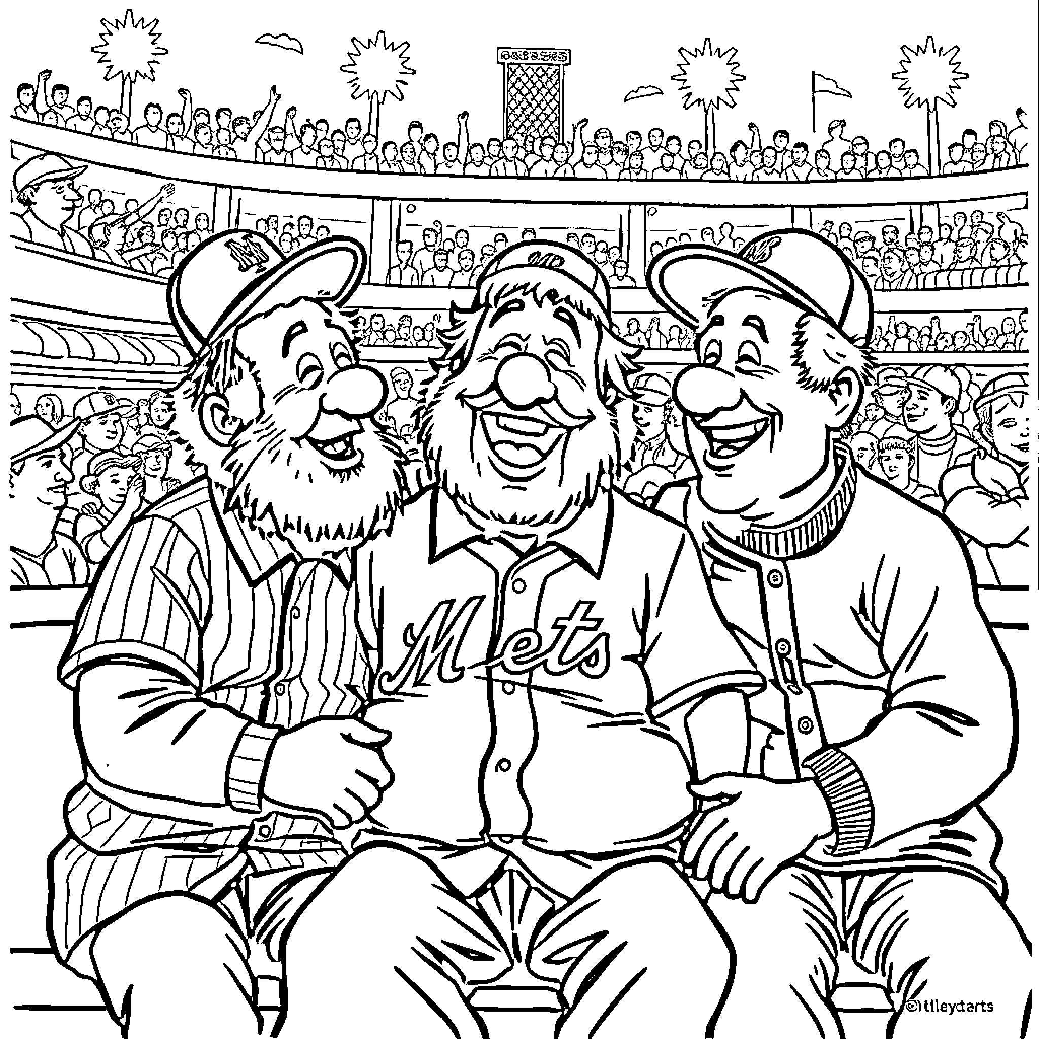 Three Stooges in the Stadium Coloring Page (free black-and-white line drawing printable PDF for all, from beginners to advanced learners, including children, teens, adults, and seniors)