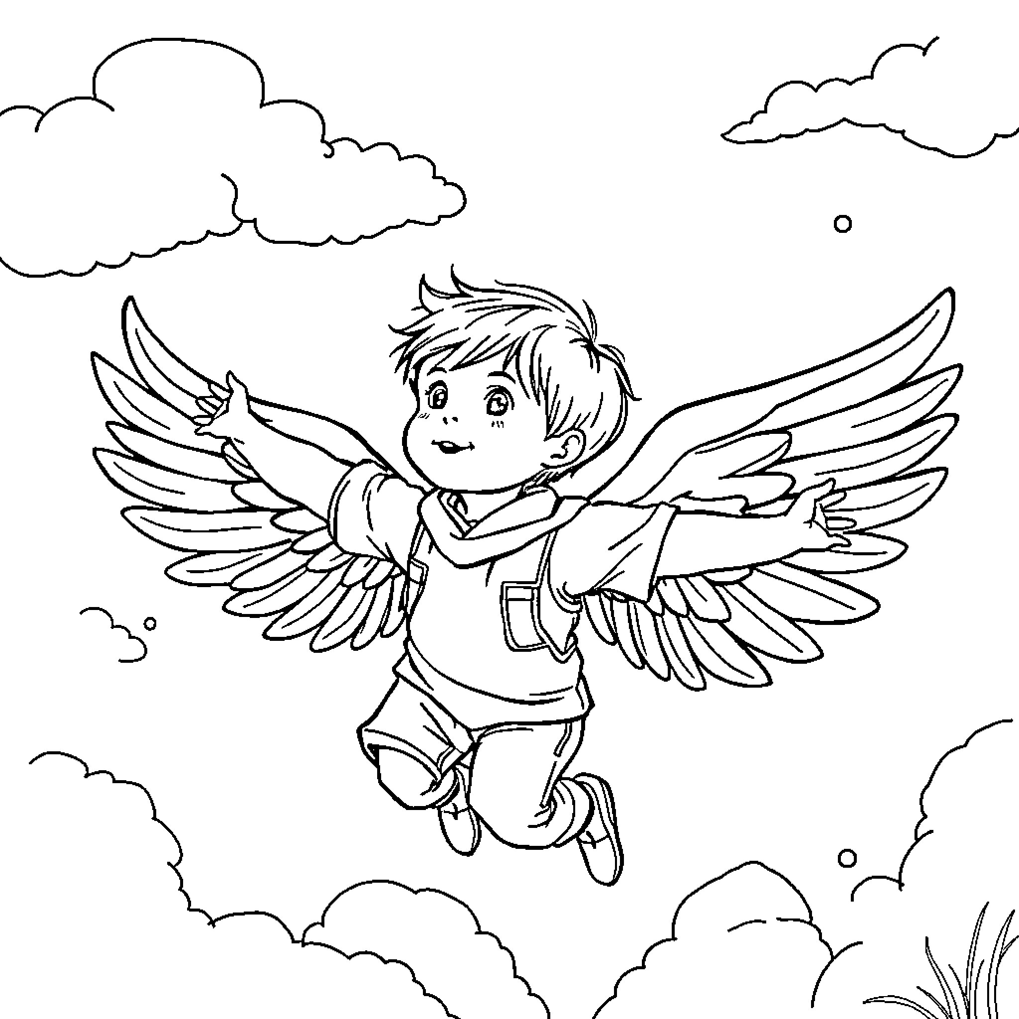 Boy with wings flying through the clouds Coloring Page (free black-and-white line drawing printable PDF for all, from beginners to advanced learners, including children, teens, adults, and seniors)