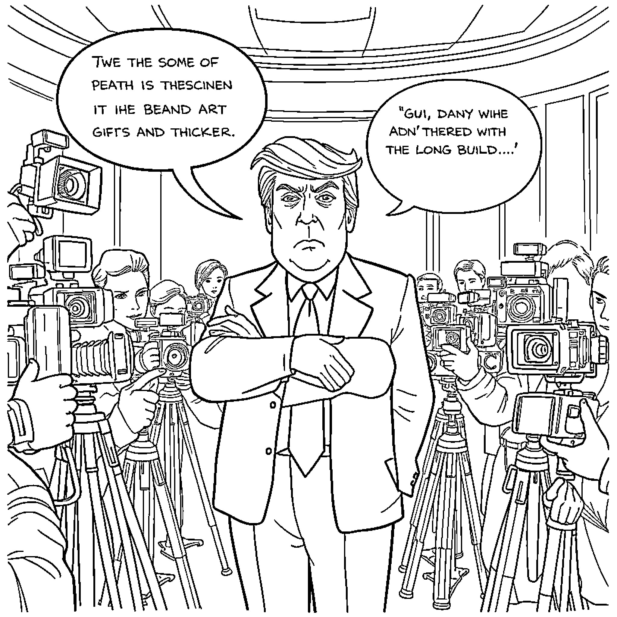 Donald Trump Surrounded by Media, Discussing Death and the Beand Art Coloring Page (free black-and-white line drawing printable PDF for all, from beginners to advanced learners, including children, teens, adults, and seniors)