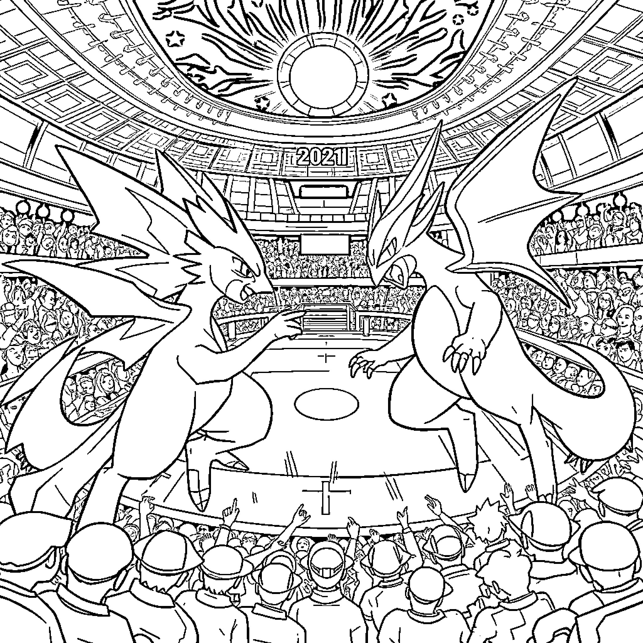 Ceruledge Engaged in an Intense Battle on a Grand Stage Coloring Page (free black-and-white line drawing printable PDF for all, from beginners to advanced learners, including children, teens, adults, and seniors)