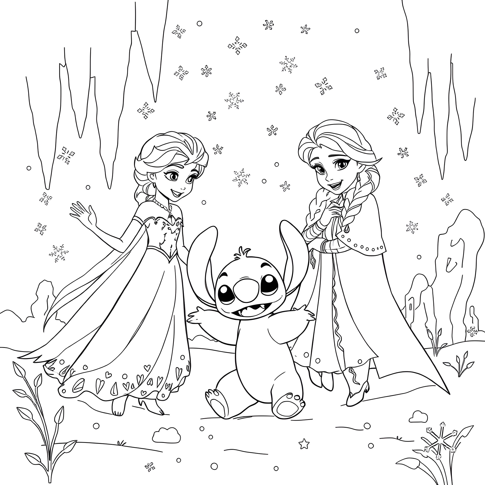 Stitch and sisters explore the winter wonderland Coloring Page (free black-and-white line drawing printable PDF for all, from beginners to advanced learners, including children, teens, adults, and seniors)
