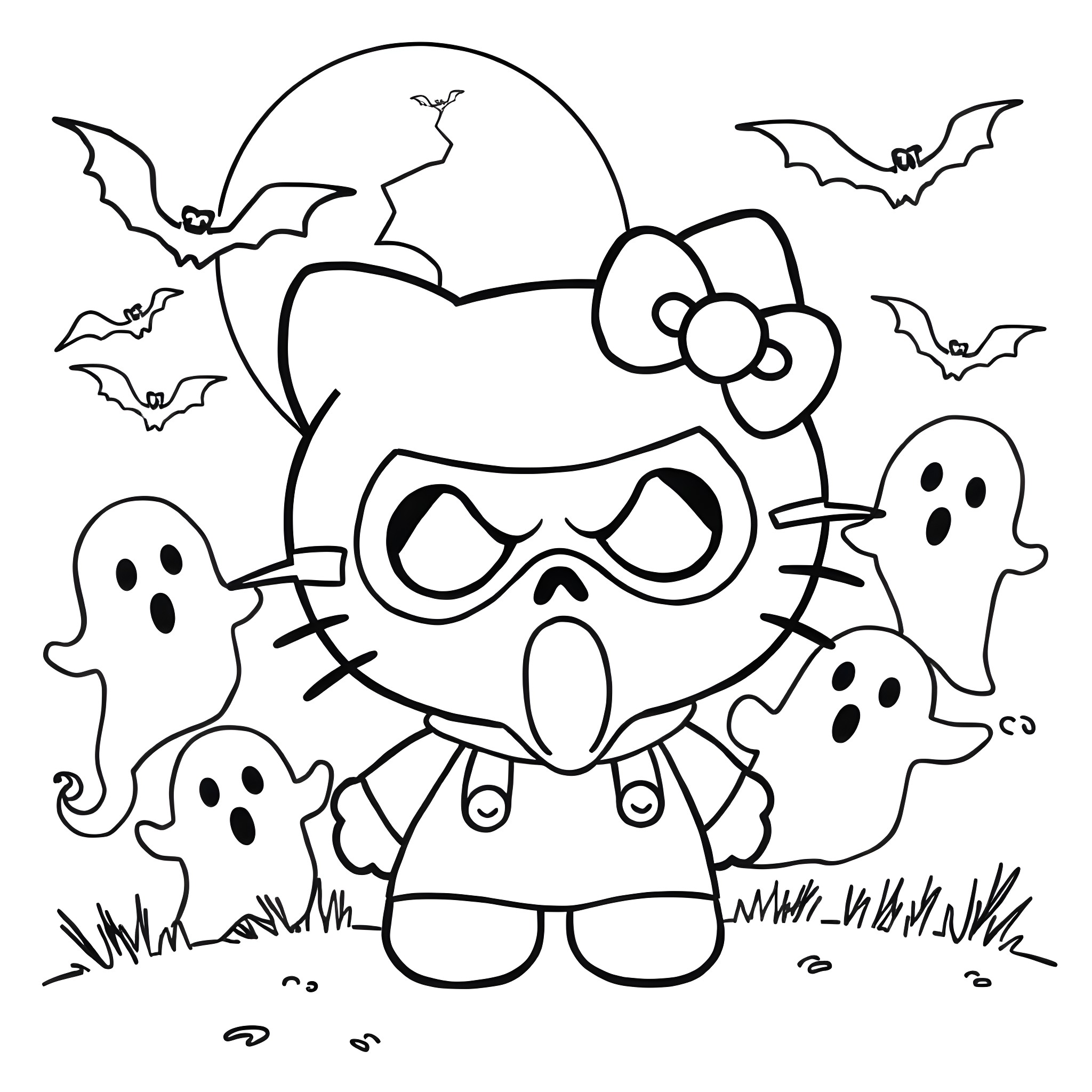Hello Kitty dressed as a ghost with bats and ghosts Coloring Page (free black-and-white line drawing printable PDF for all, from beginners to advanced learners, including children, teens, adults, and seniors)