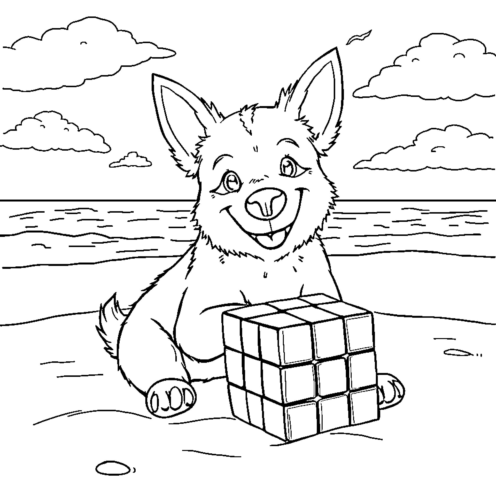 Dog playing with puzzle cube on beach Coloring Page (free black-and-white line drawing printable PDF for all, from beginners to advanced learners, including children, teens, adults, and seniors)