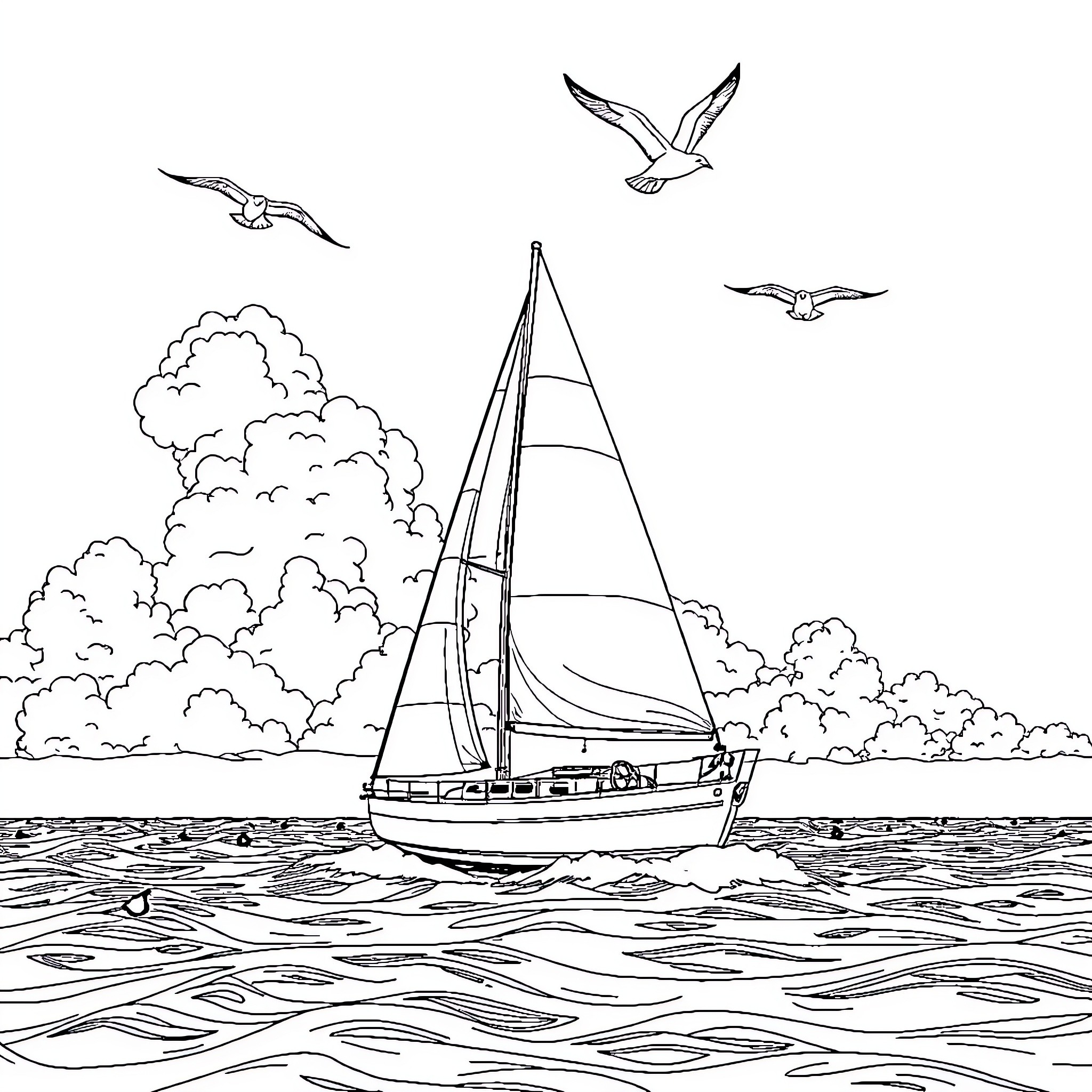 Sailboat gliding through the waves with seagulls soaring above Coloring Page (free black-and-white line drawing printable PDF for all, from beginners to advanced learners, including children, teens, adults, and seniors)