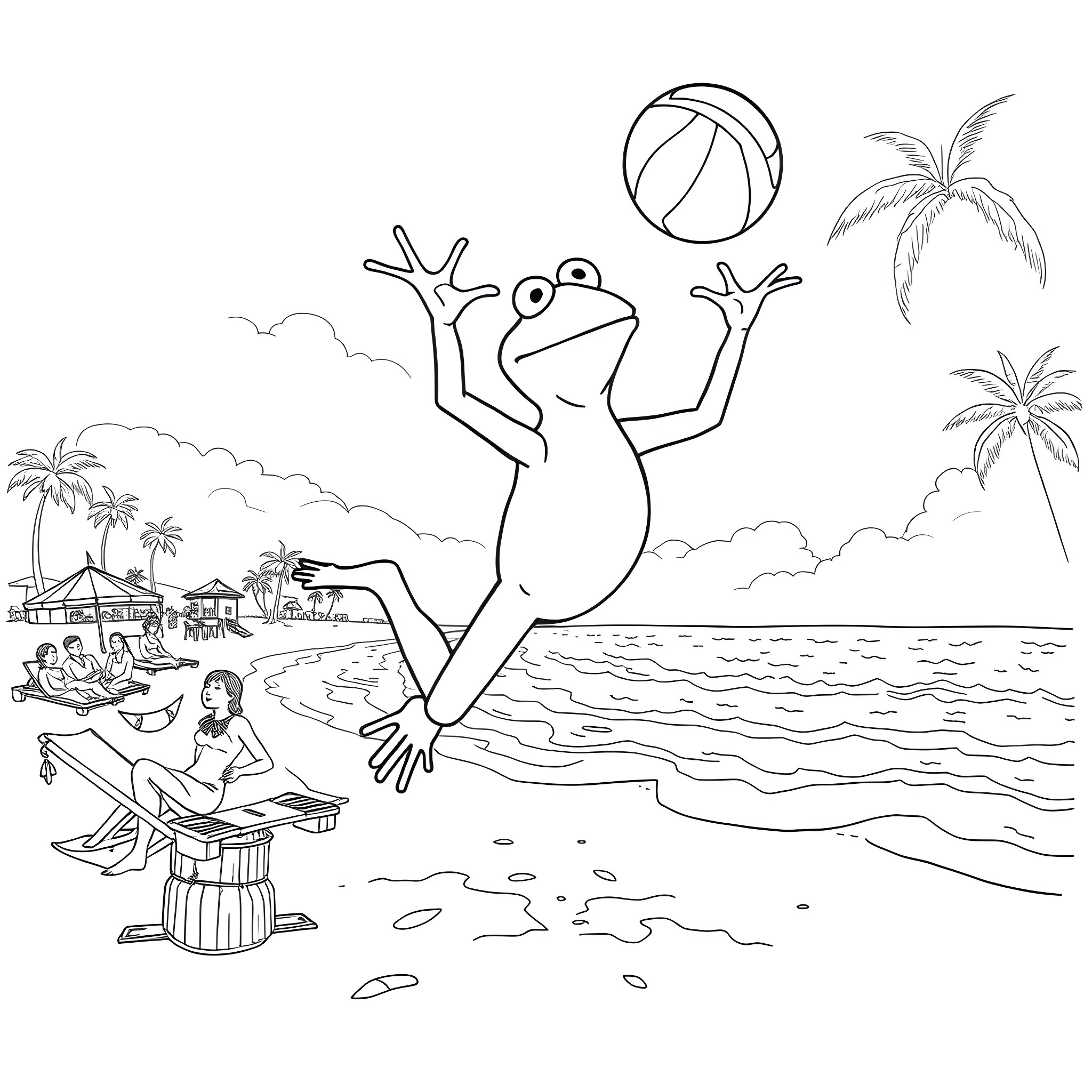 Kermit the Frog playing with beach ball on tropical beach Coloring Page (free black-and-white line drawing printable PDF for all, from beginners to advanced learners, including children, teens, adults, and seniors)
