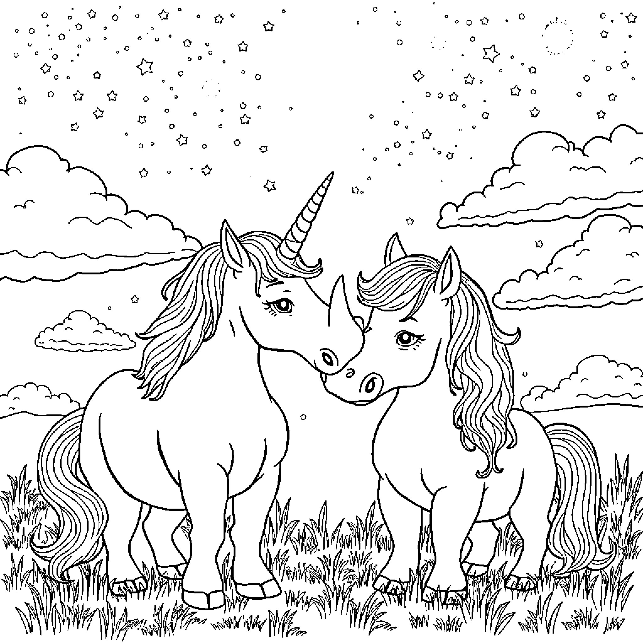 Unicorn Duo Enjoying Starry Night in Meadow Coloring Page (free black-and-white line drawing printable PDF for all, from beginners to advanced learners, including children, teens, adults, and seniors)