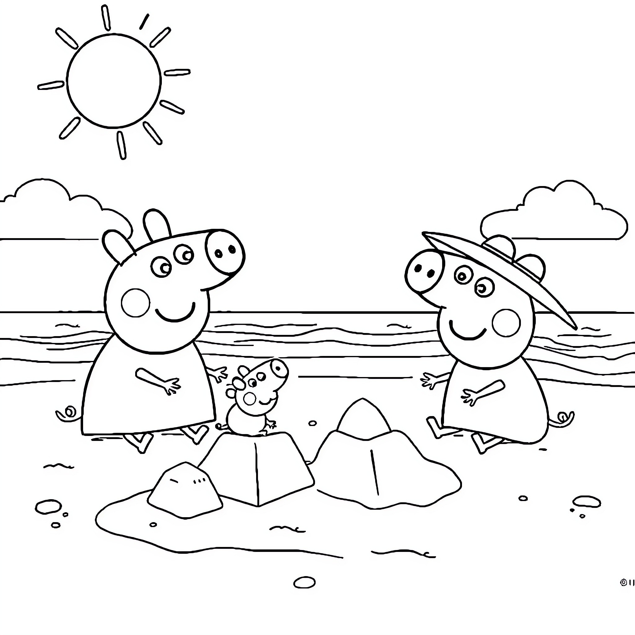 Peppa Pig enjoying a sunny day at the beach Coloring Page (free black-and-white line drawing printable PDF for all, from beginners to advanced learners, including children, teens, adults, and seniors)