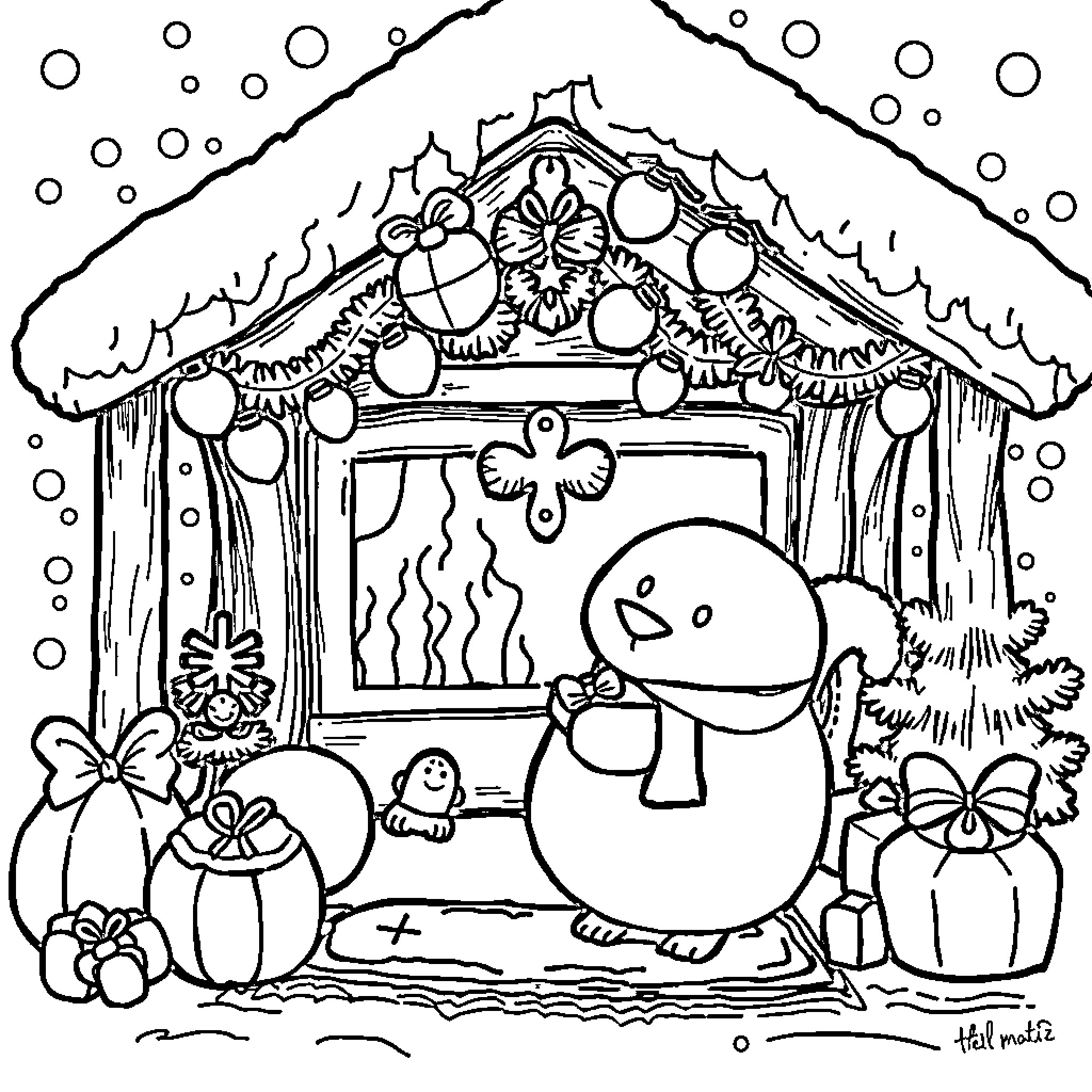 Labubu's Cozy Winter Hideaway Coloring Page (free black-and-white line drawing printable PDF for all, from beginners to advanced learners, including children, teens, adults, and seniors)