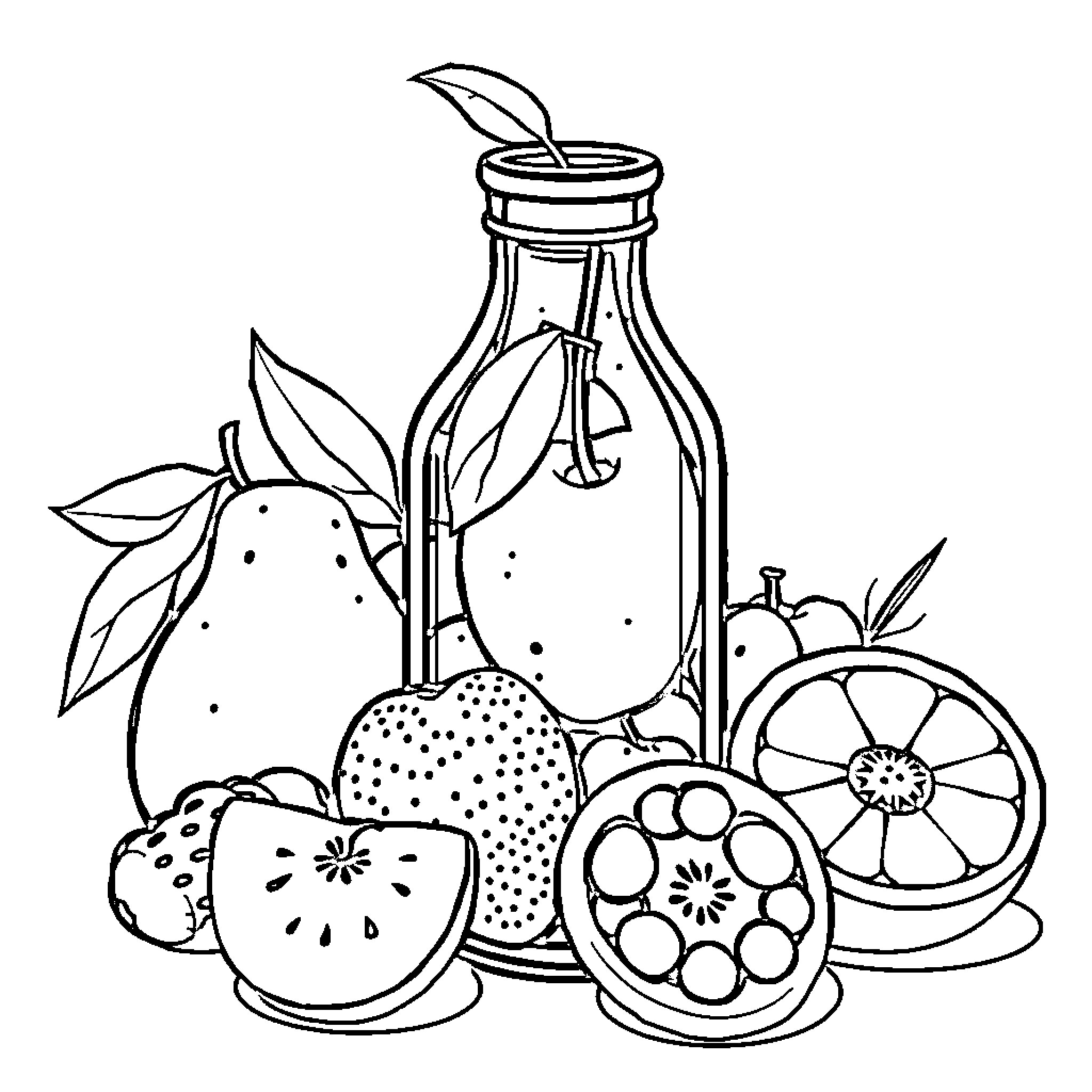 Fruit Arrangement in Bottle with Sliced Produce Coloring Page (free black-and-white line drawing printable PDF for all, from beginners to advanced learners, including children, teens, adults, and seniors)