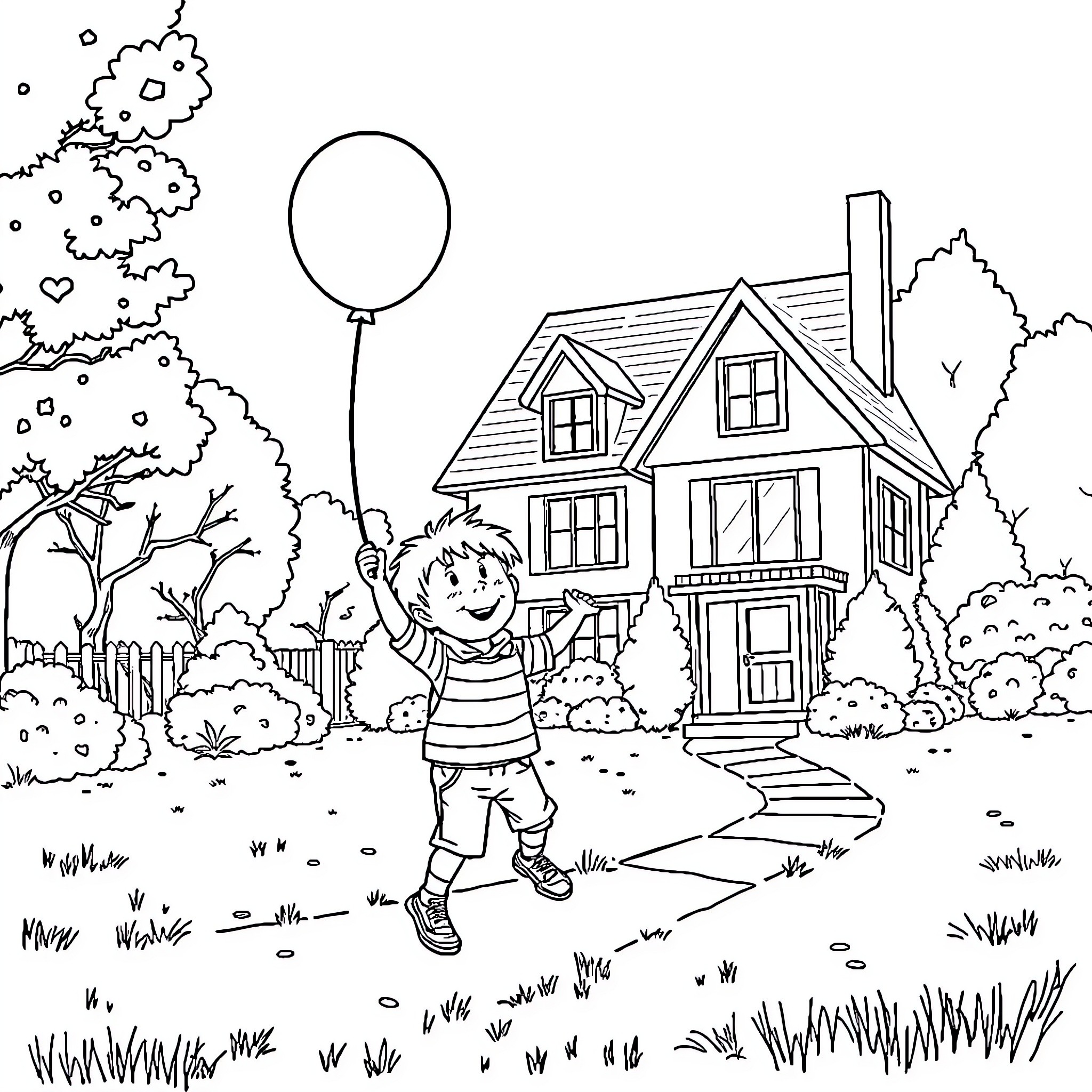 Enfant joyeux jouant avec un ballon dans le parc Coloring Page (free black-and-white line drawing printable PDF for all, from beginners to advanced learners, including children, teens, adults, and seniors)
