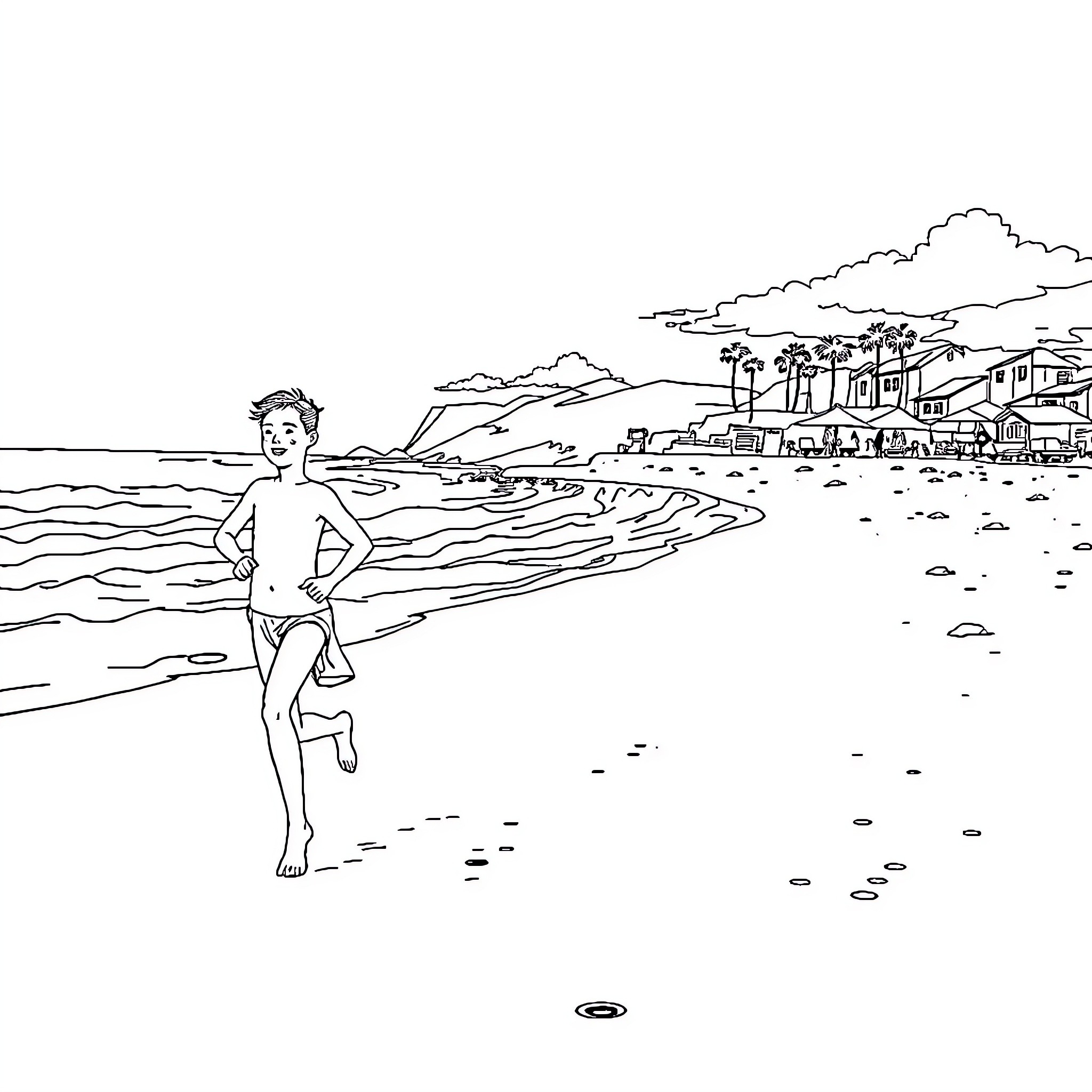 Chase through the sunny beachfront Coloring Page (free black-and-white line drawing printable PDF for all, from beginners to advanced learners, including children, teens, adults, and seniors)