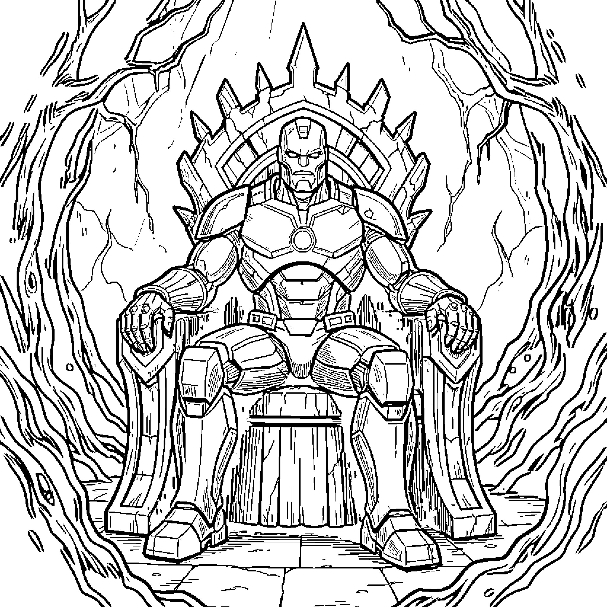 Infinity Ultron sitting majestically on a throne Coloring Page (free black-and-white line drawing printable PDF for all, from beginners to advanced learners, including children, teens, adults, and seniors)