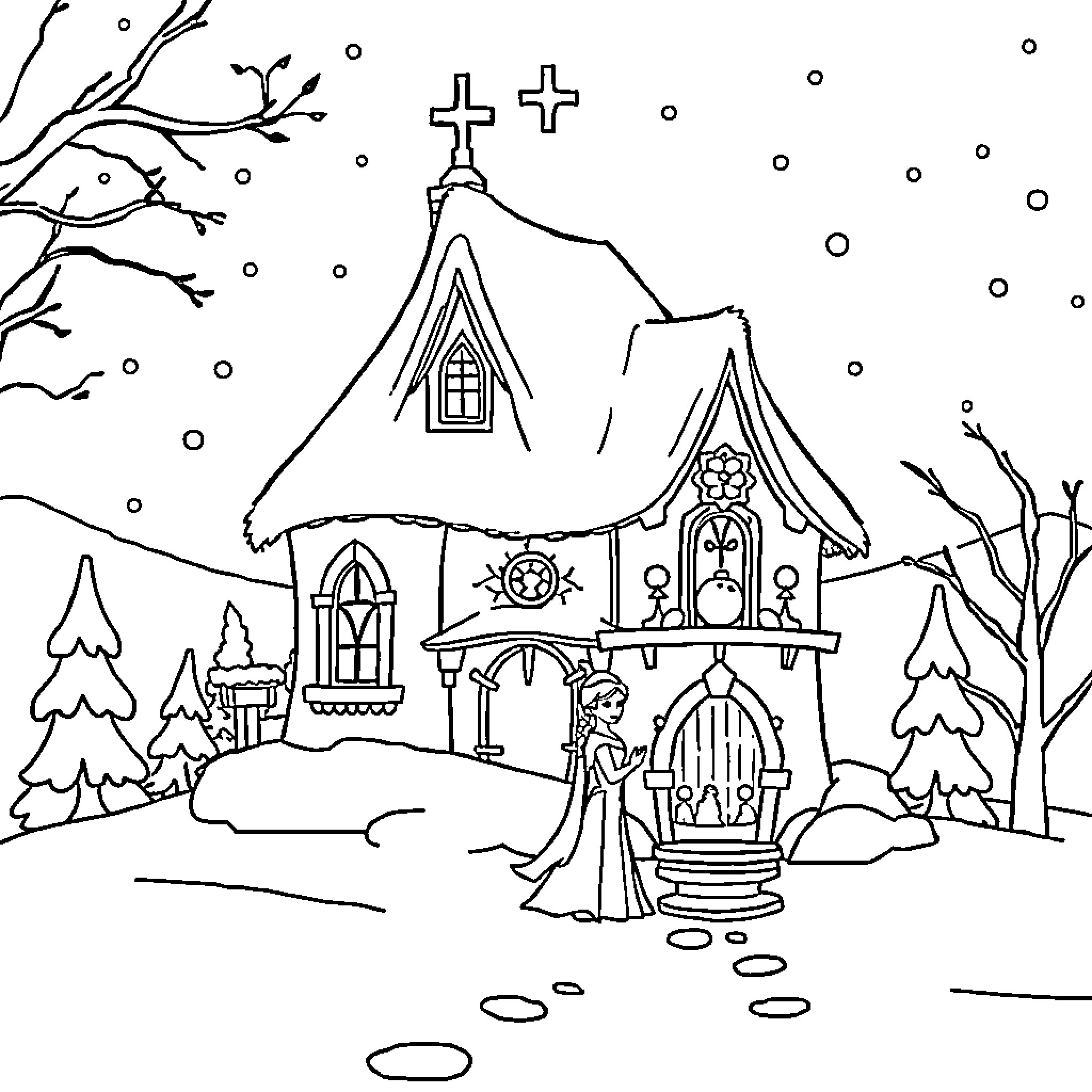 Frozen House with a princess standing by the door Coloring Page (free black-and-white line drawing printable PDF for all, from beginners to advanced learners, including children, teens, adults, and seniors)