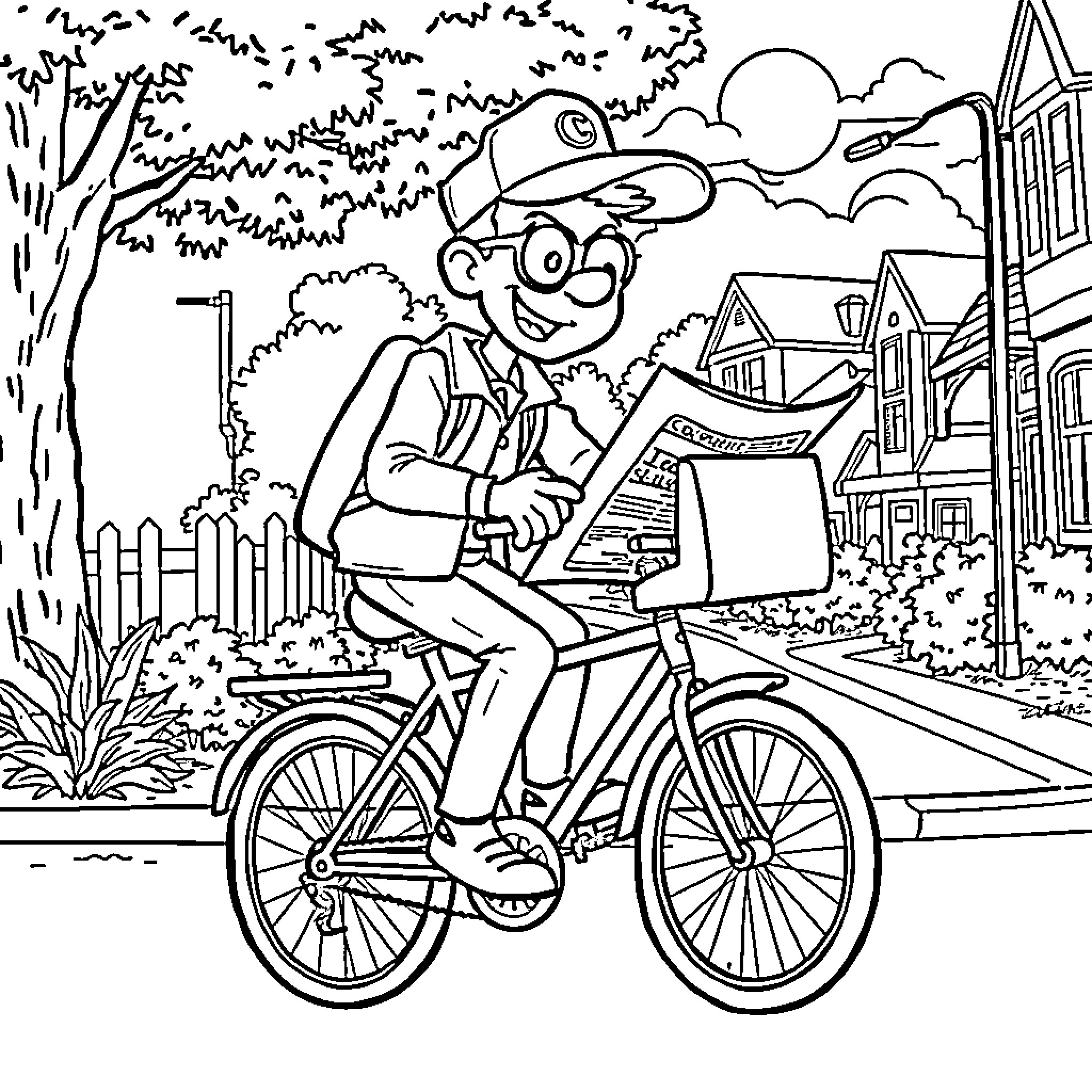 Dexter riding his bicycle through the town Coloring Page (free black-and-white line drawing printable PDF for all, from beginners to advanced learners, including children, teens, adults, and seniors)