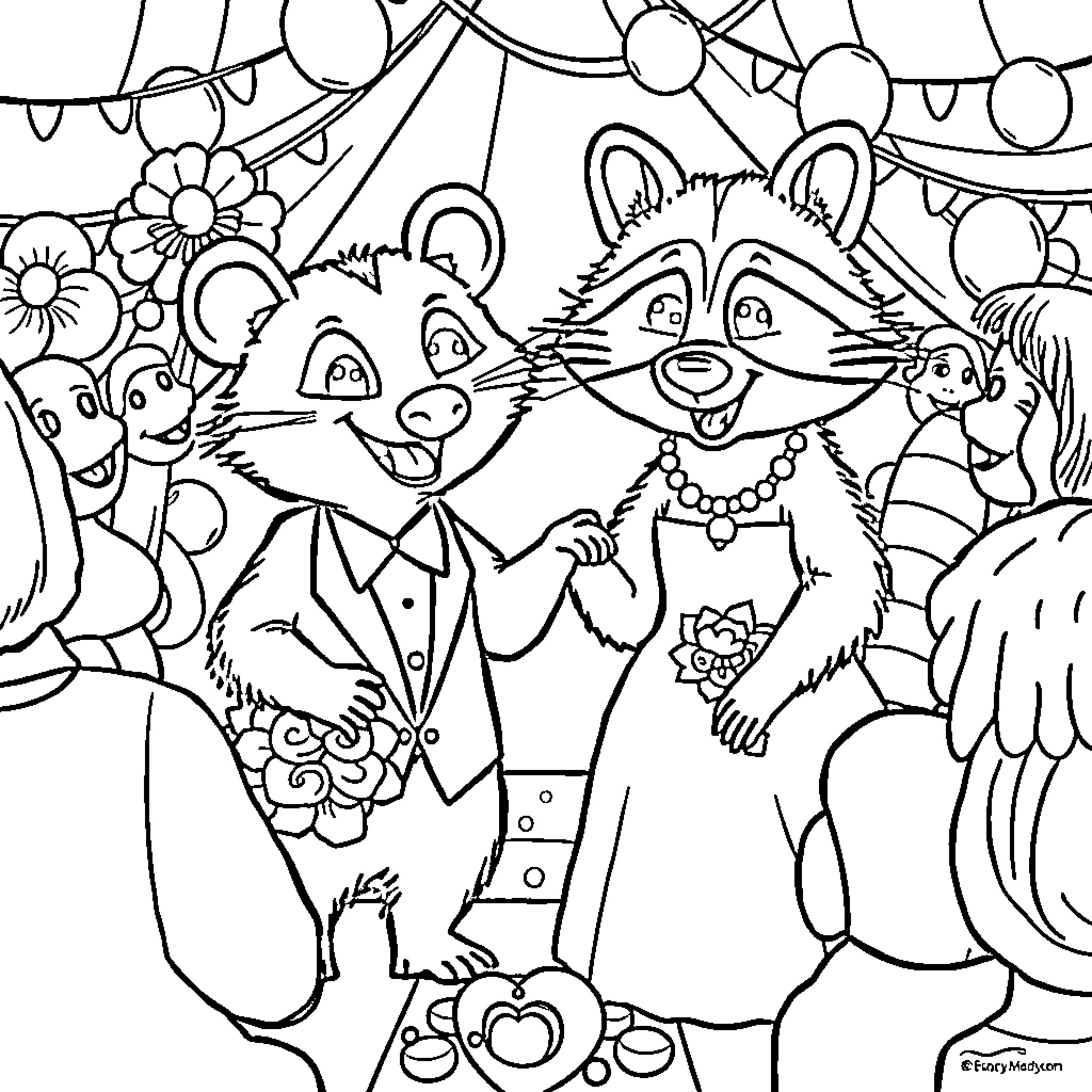 Possum party with whimsical animal friends Coloring Page (free black-and-white line drawing printable PDF for all, from beginners to advanced learners, including children, teens, adults, and seniors)